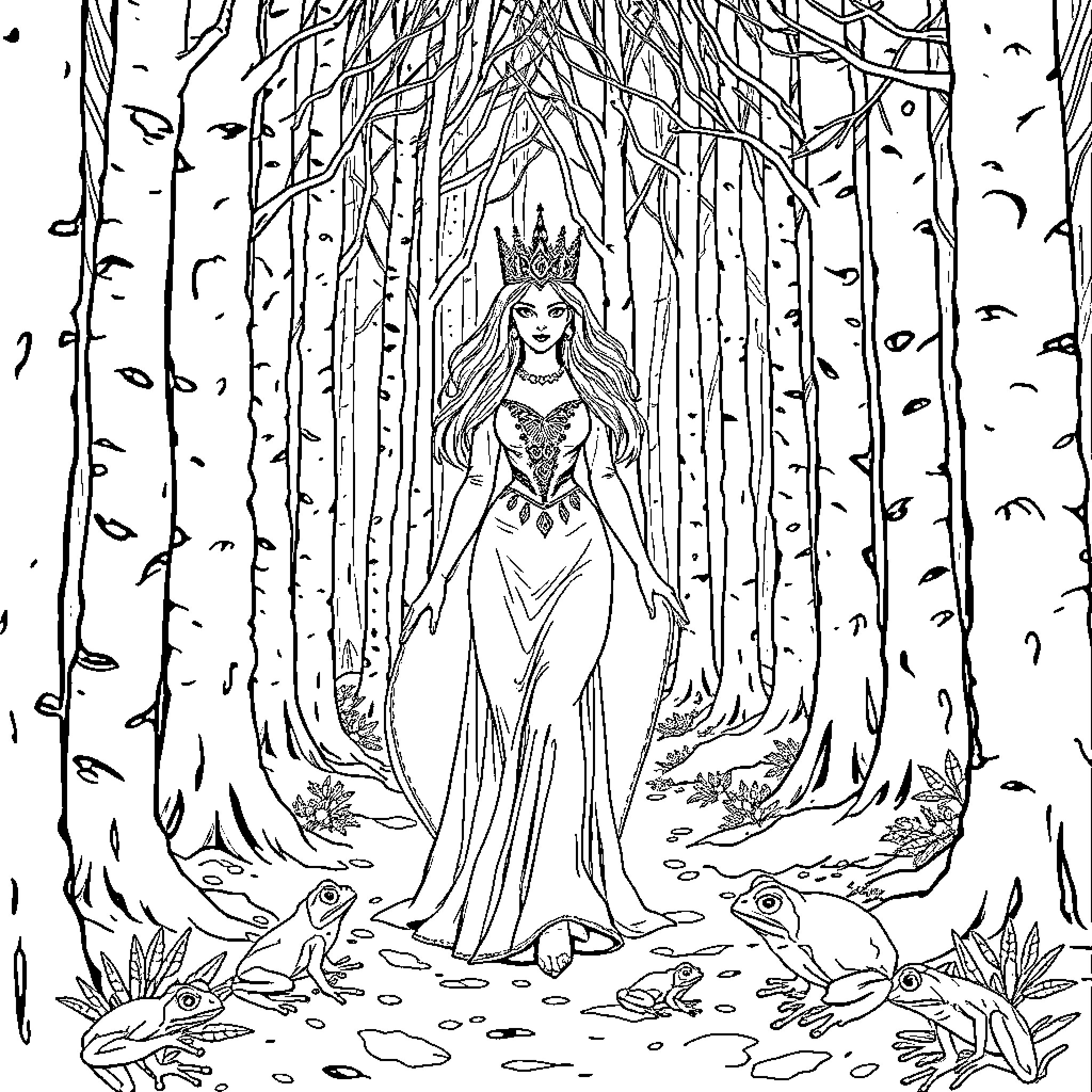 Queen of the enchanted forest Coloring Page (free black-and-white line drawing printable PDF for all, from beginners to advanced learners, including children, teens, adults, and seniors)