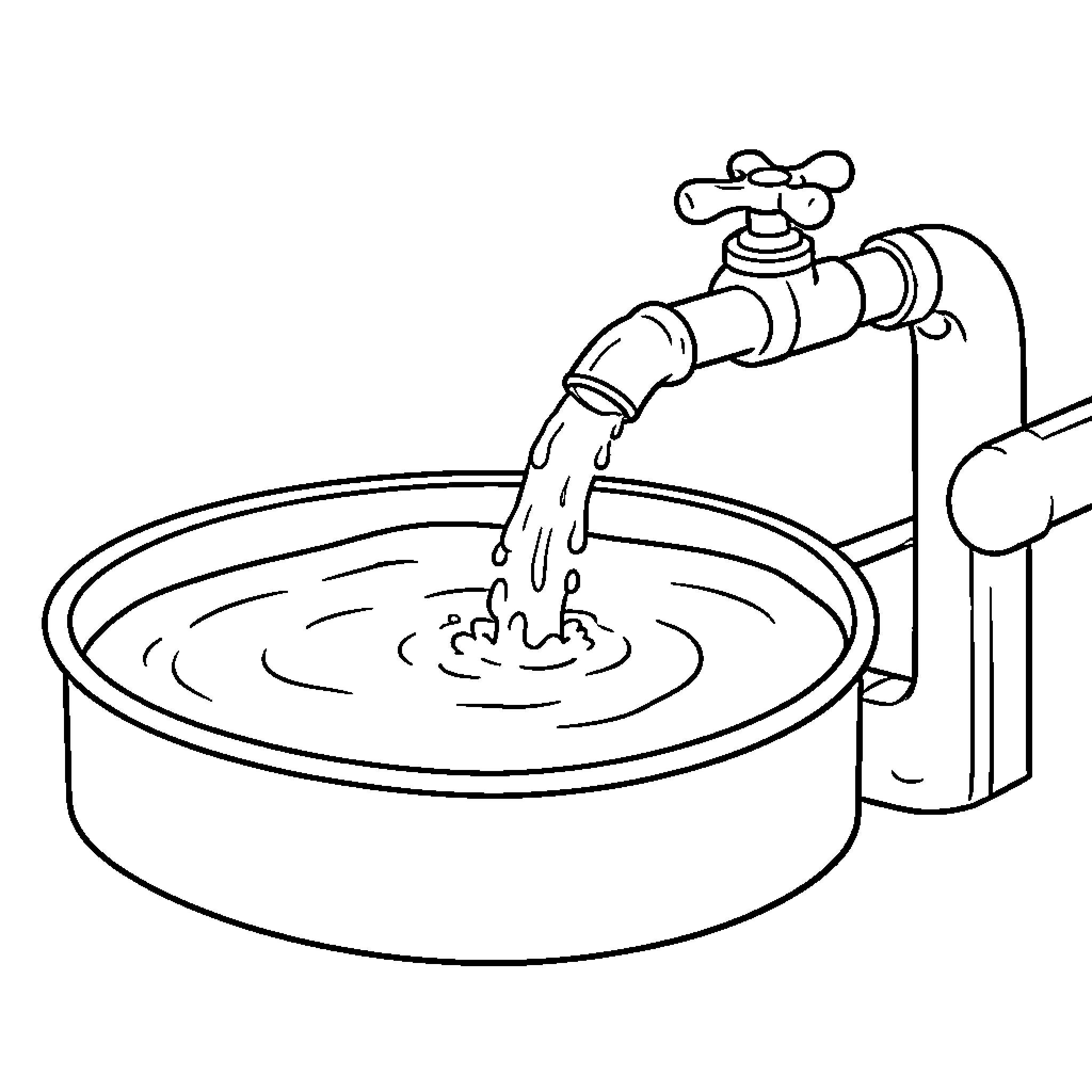Reservoir water flowing from a tap into a basin Coloring Page (free black-and-white line drawing printable PDF for all, from beginners to advanced learners, including children, teens, adults, and seniors)
