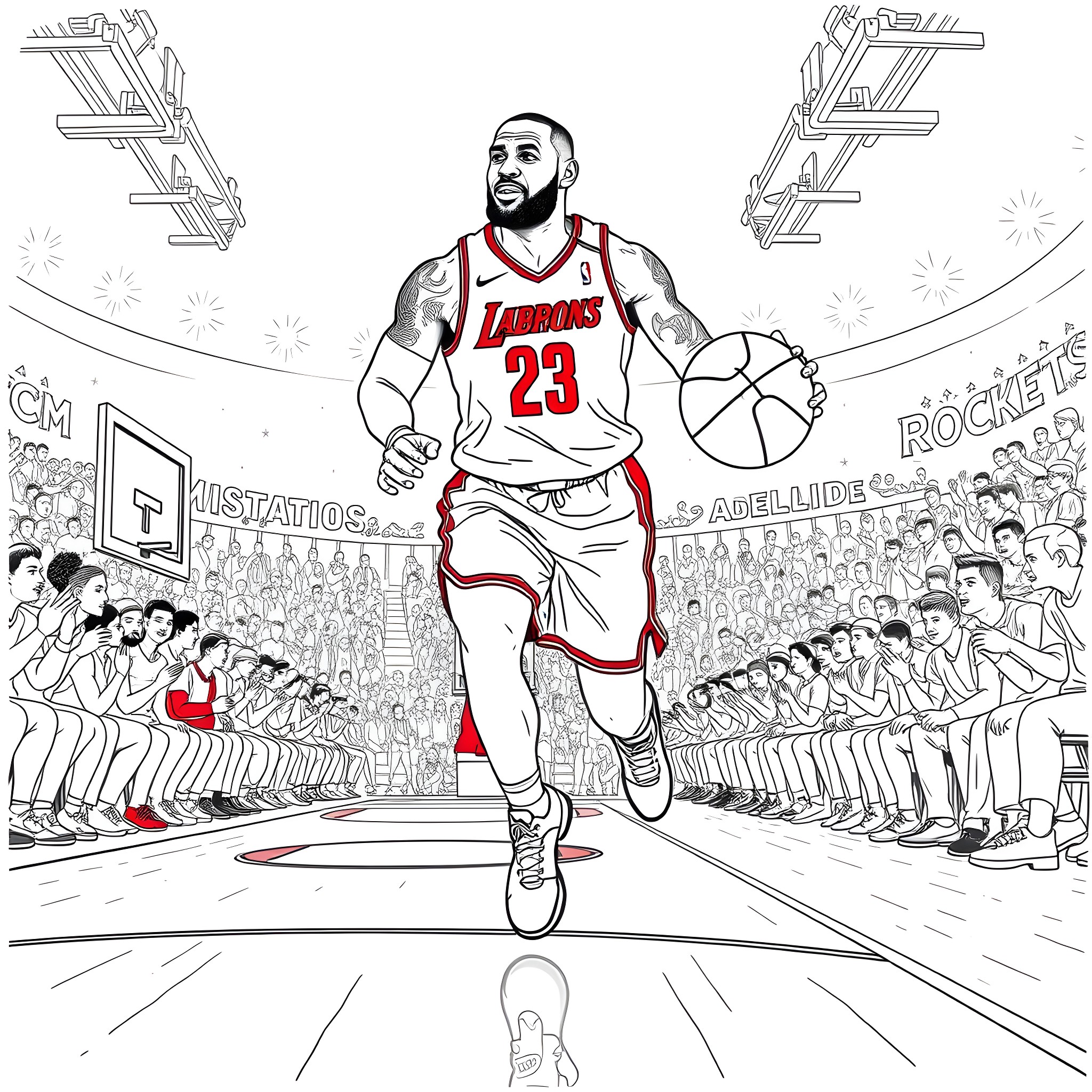 LeBron James Dominates the Basketball Court Coloring Page (free black-and-white line drawing printable PDF for all, from beginners to advanced learners, including children, teens, adults, and seniors)