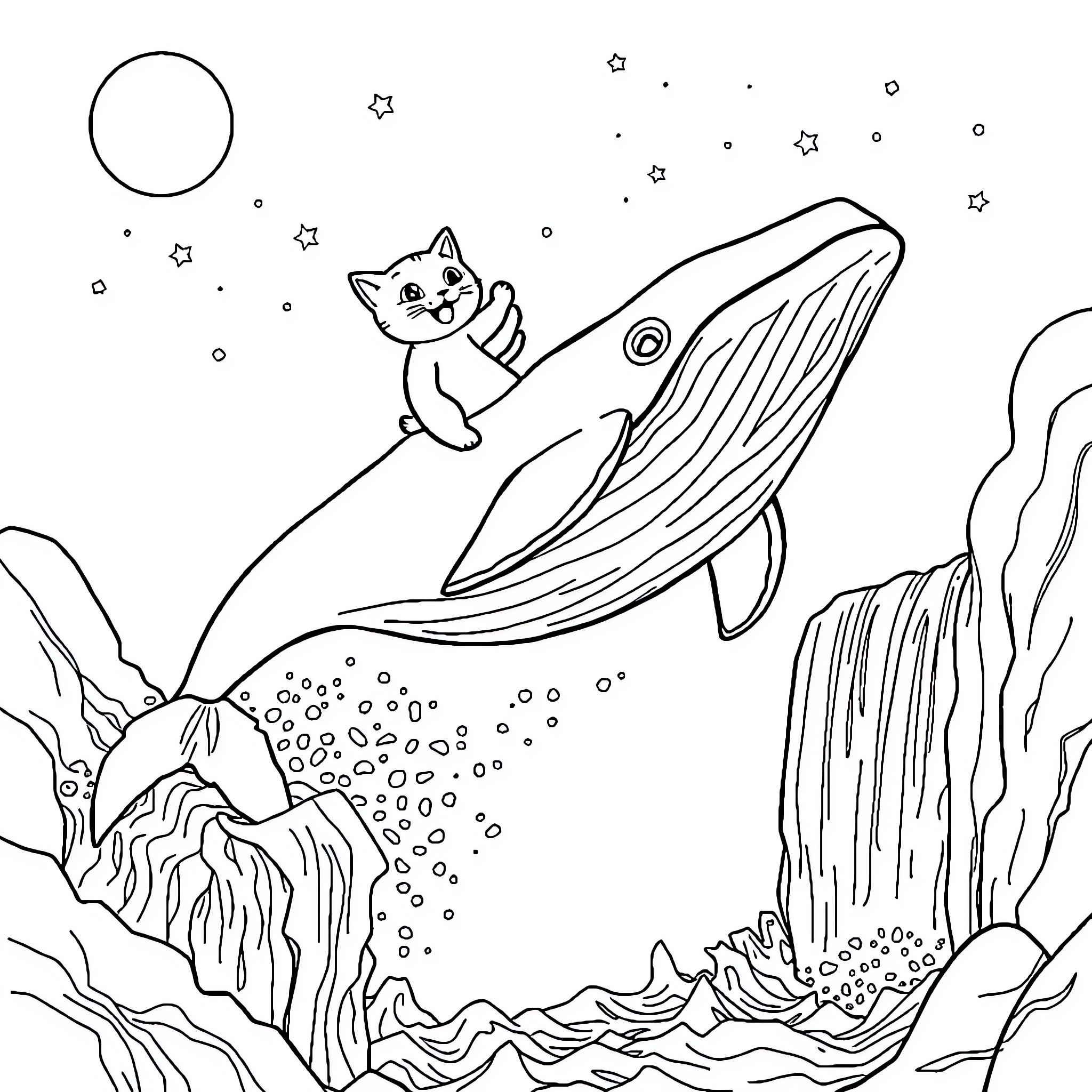 Cat riding on a whale in the starry night Coloring Page (free black-and-white line drawing printable PDF for all, from beginners to advanced learners, including children, teens, adults, and seniors)