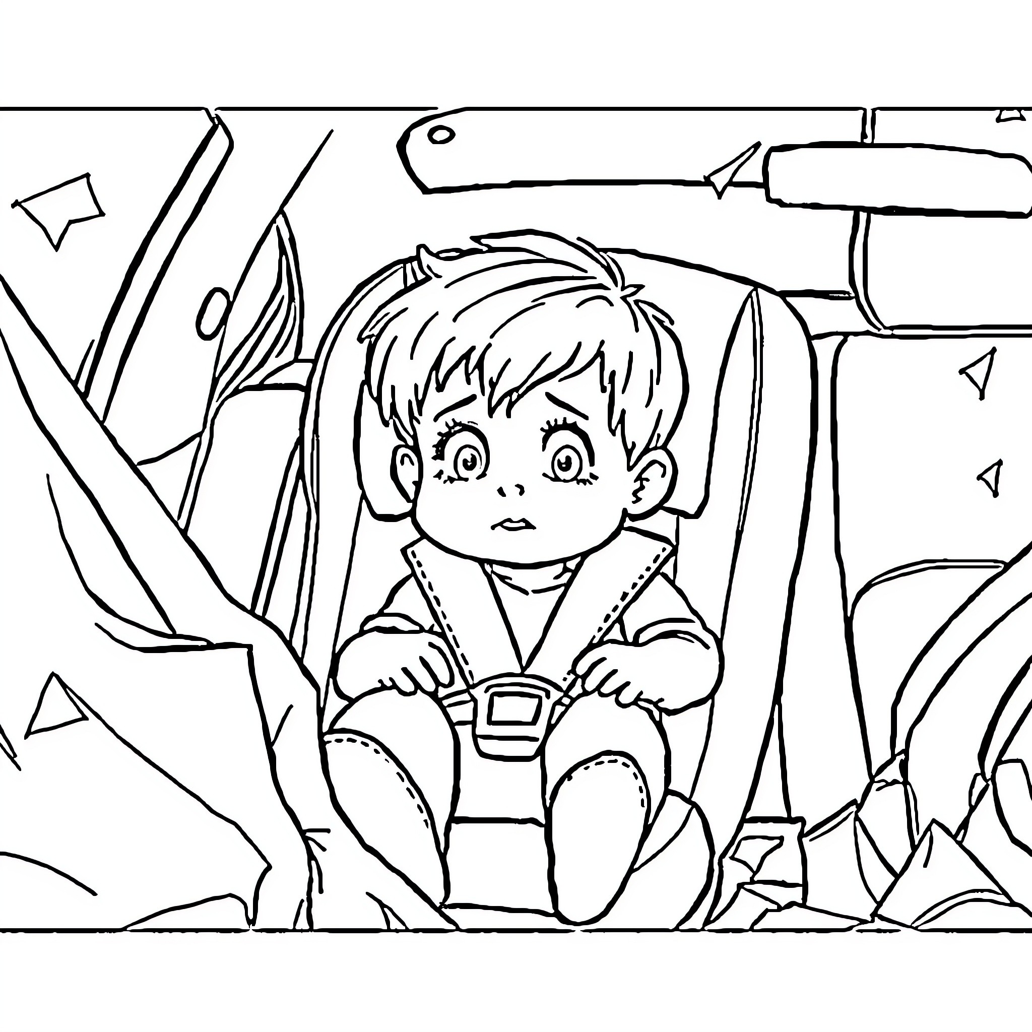 Child in Distress Amid Chaotic Surroundings Coloring Page (free black-and-white line drawing printable PDF for all, from beginners to advanced learners, including children, teens, adults, and seniors)