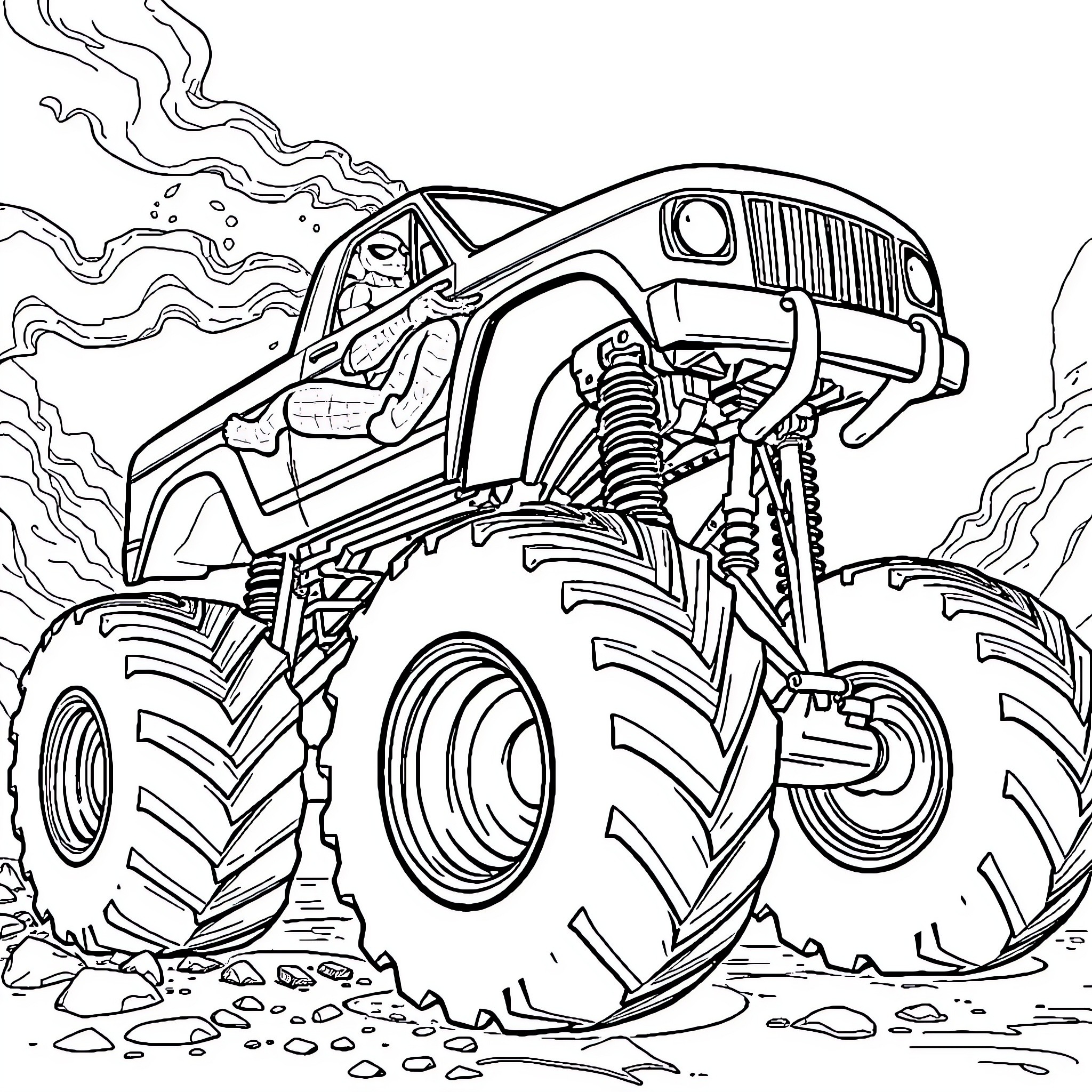 Monster Truck Racing through Rough Terrain Coloring Page (free black-and-white line drawing printable PDF for all, from beginners to advanced learners, including children, teens, adults, and seniors)