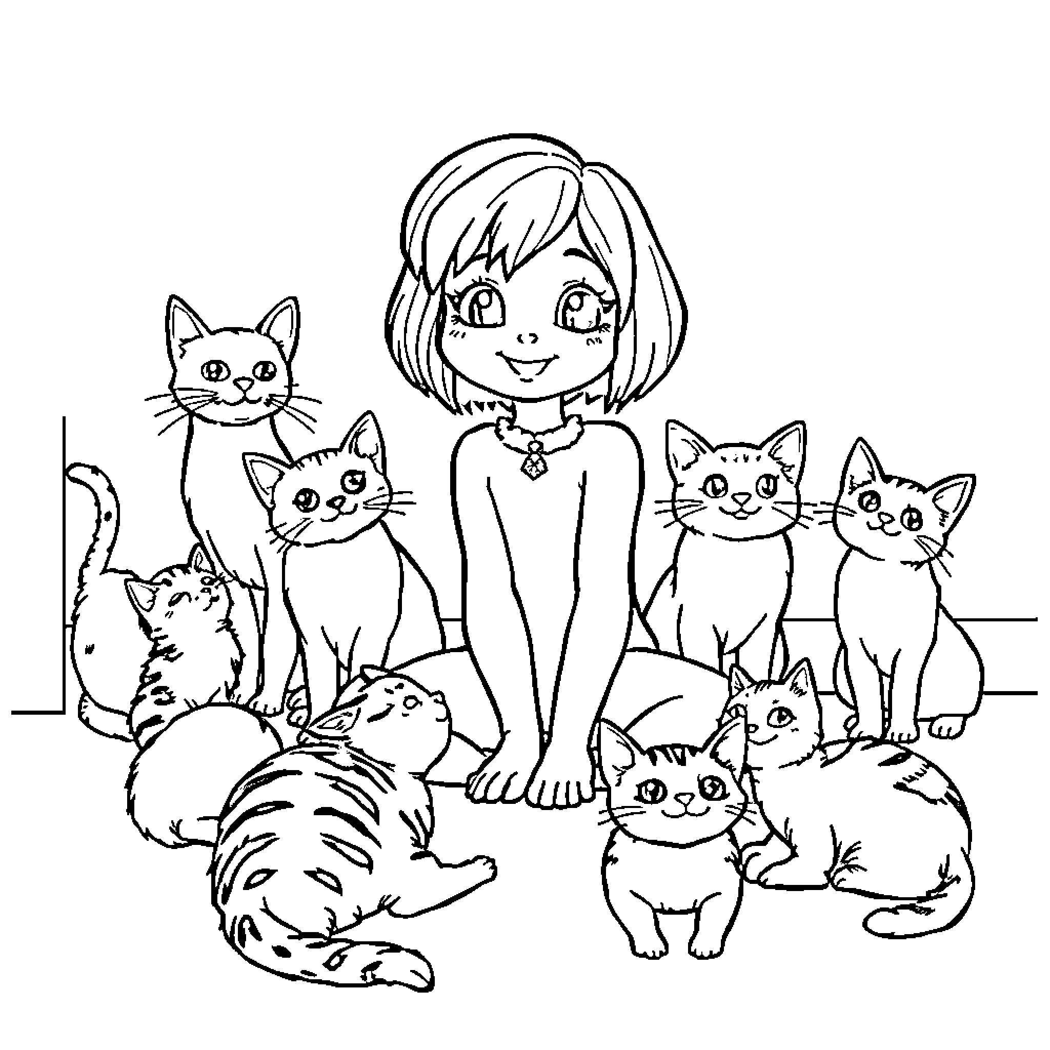 Cat Lady and Her Feline Friends Coloring Page (free black-and-white line drawing printable PDF for all, from beginners to advanced learners, including children, teens, adults, and seniors)