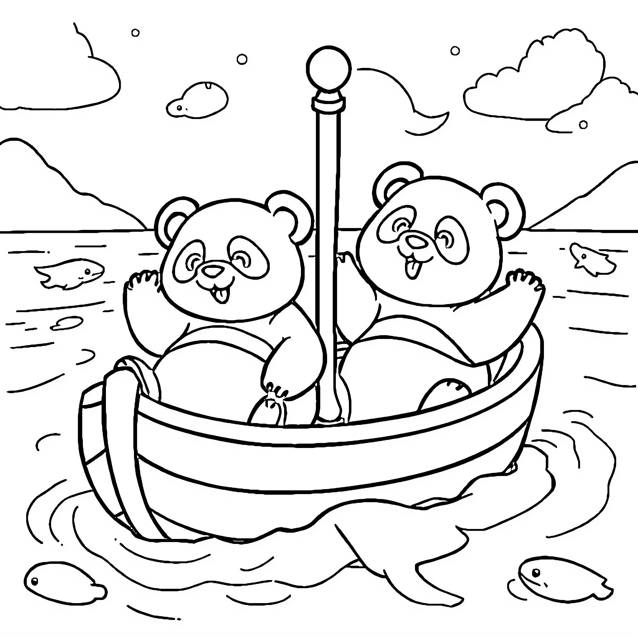Panda friends sailing on a boat Coloring Page (free black-and-white line drawing printable PDF for all, from beginners to advanced learners, including children, teens, adults, and seniors)