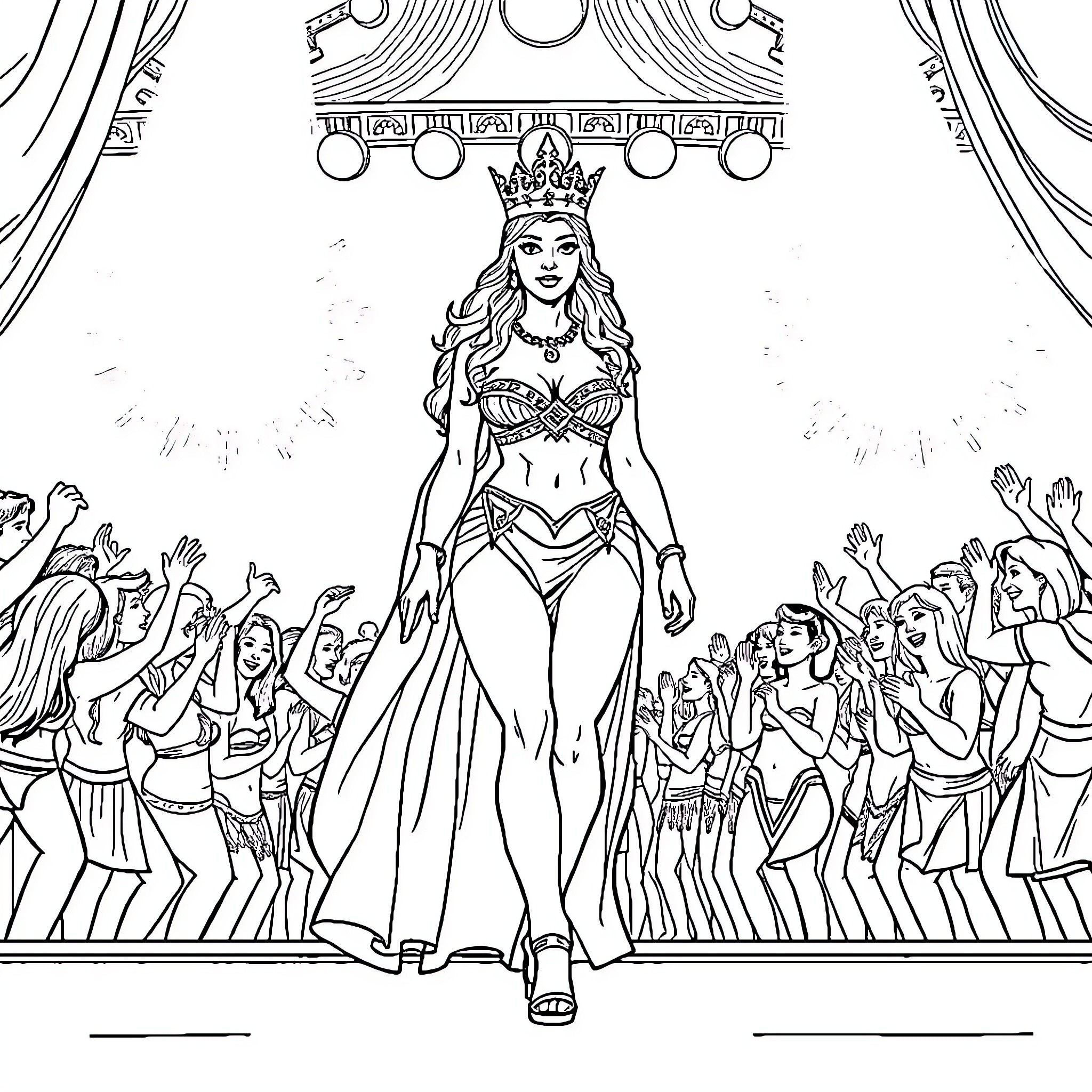Eleanor's Regal Appearance on the Stage Coloring Page (free black-and-white line drawing printable PDF for all, from beginners to advanced learners, including children, teens, adults, and seniors)