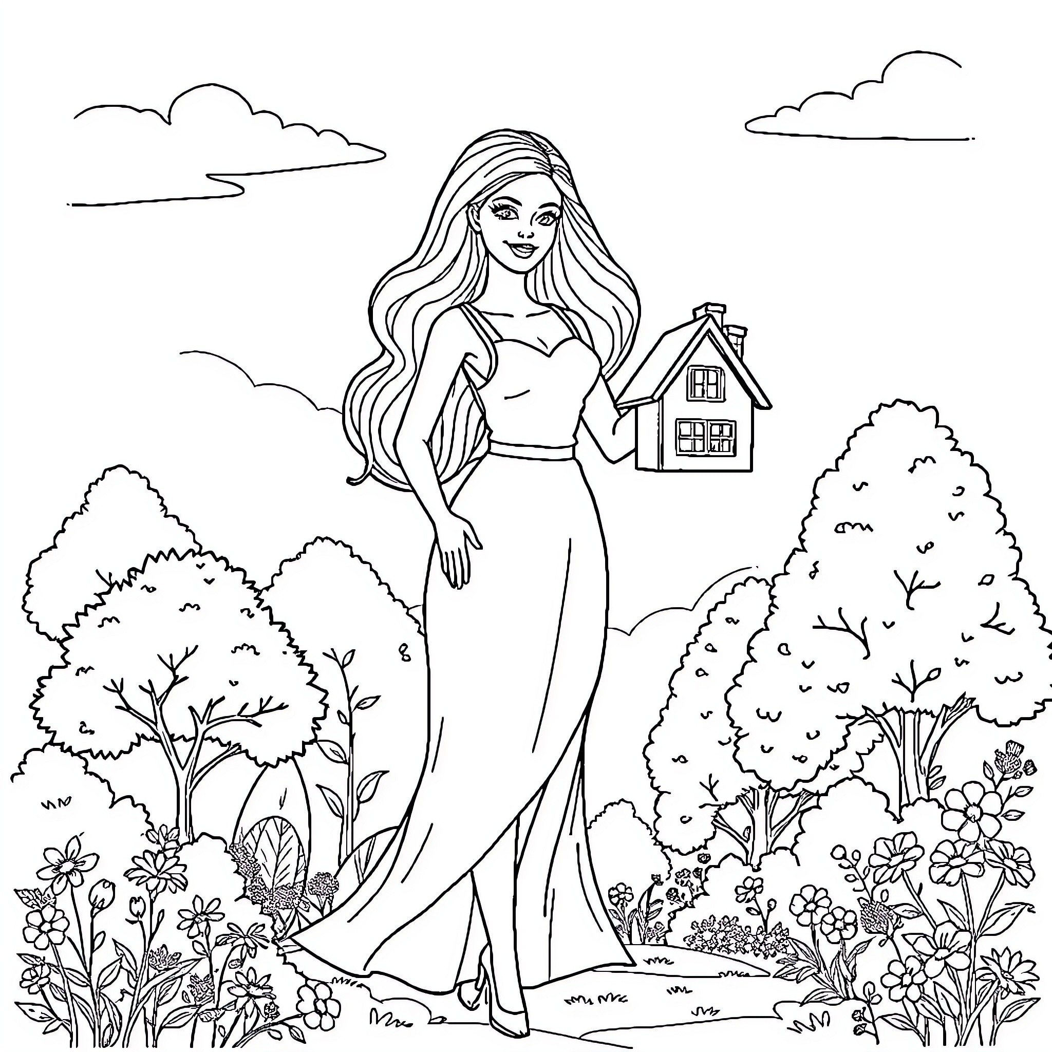 Barbie exploring a picturesque outdoor scene Coloring Page (free black-and-white line drawing printable PDF for all, from beginners to advanced learners, including children, teens, adults, and seniors)