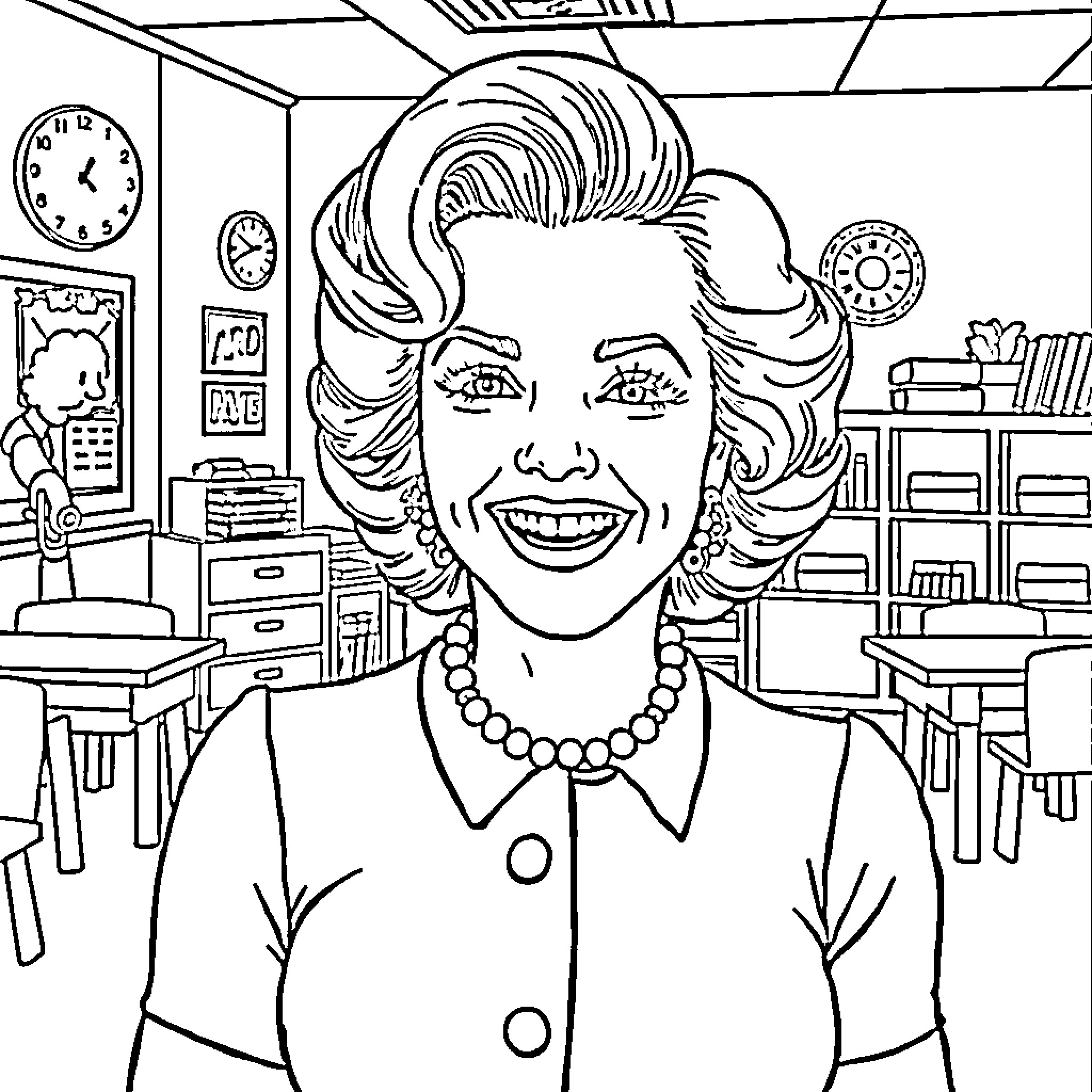 Marilyn Monroe in an Office Setting Coloring Page (free black-and-white line drawing printable PDF for all, from beginners to advanced learners, including children, teens, adults, and seniors)