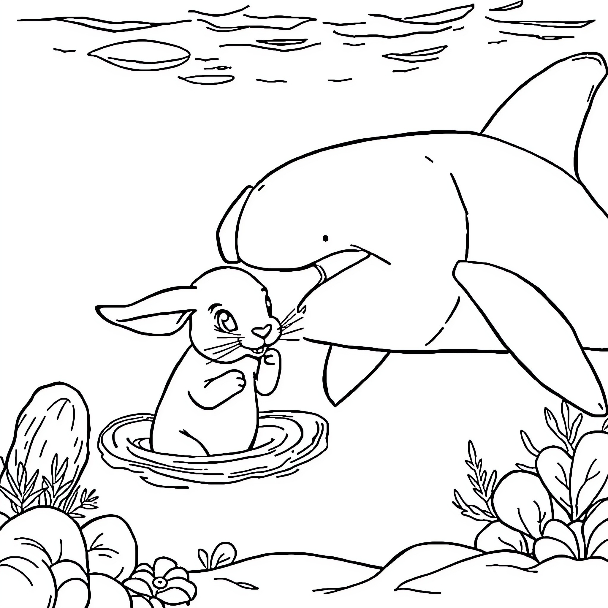 Rabbit swimming happily with a dolphin in the ocean Coloring Page (free black-and-white line drawing printable PDF for all, from beginners to advanced learners, including children, teens, adults, and seniors)