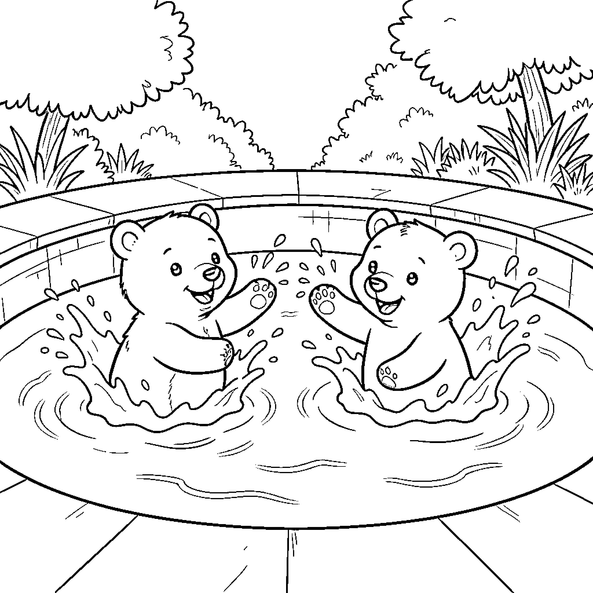 Bear siblings splashing in a pool Coloring Page (free black-and-white line drawing printable PDF for all, from beginners to advanced learners, including children, teens, adults, and seniors)