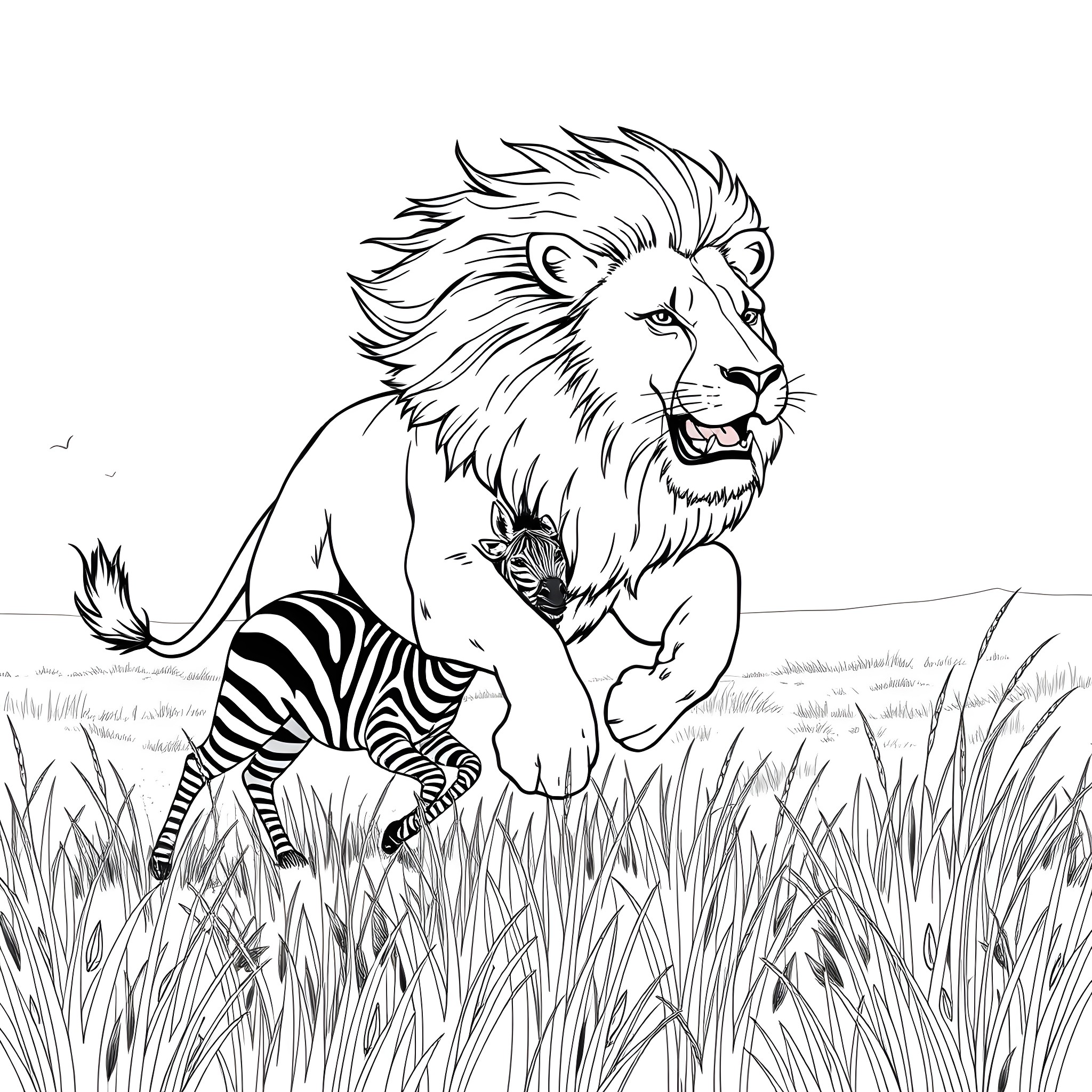 Lion Roaring Powerfully in the Grasslands Coloring Page (free black-and-white line drawing printable PDF for all, from beginners to advanced learners, including children, teens, adults, and seniors)