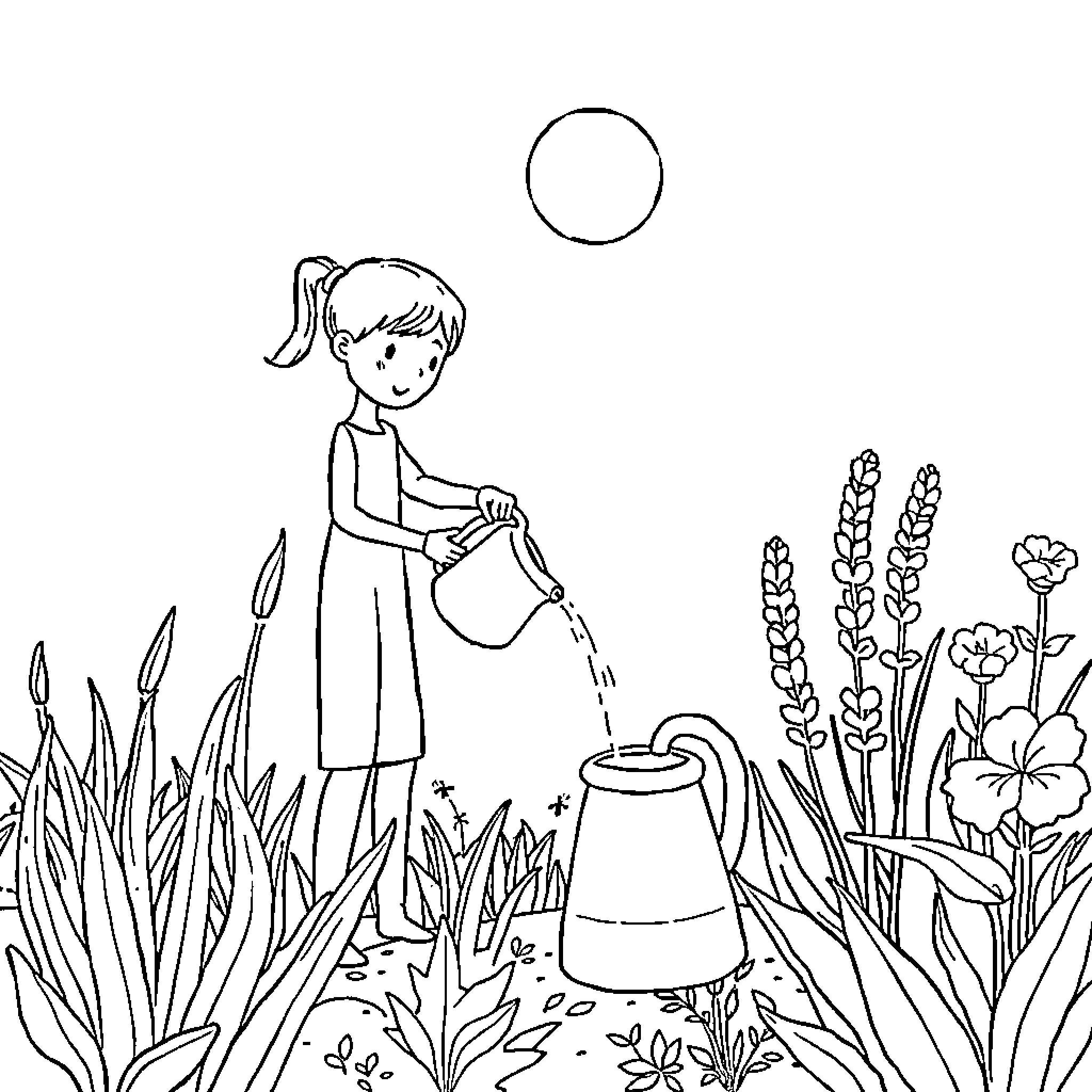 Friend waters garden with joy and care Coloring Page (free black-and-white line drawing printable PDF for all, from beginners to advanced learners, including children, teens, adults, and seniors)
