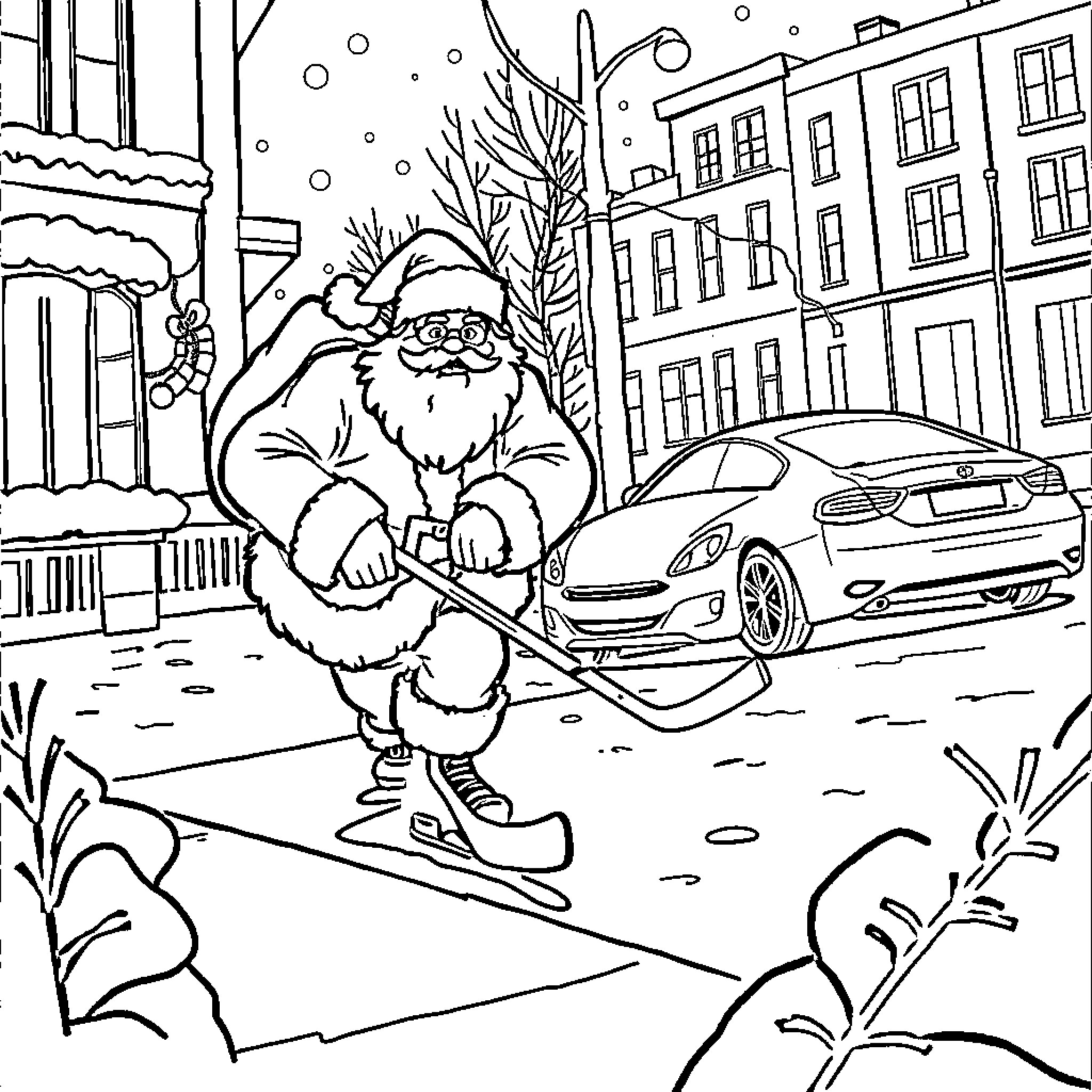 Santa skiing in snowy city scene Coloring Page (free black-and-white line drawing printable PDF for all, from beginners to advanced learners, including children, teens, adults, and seniors)