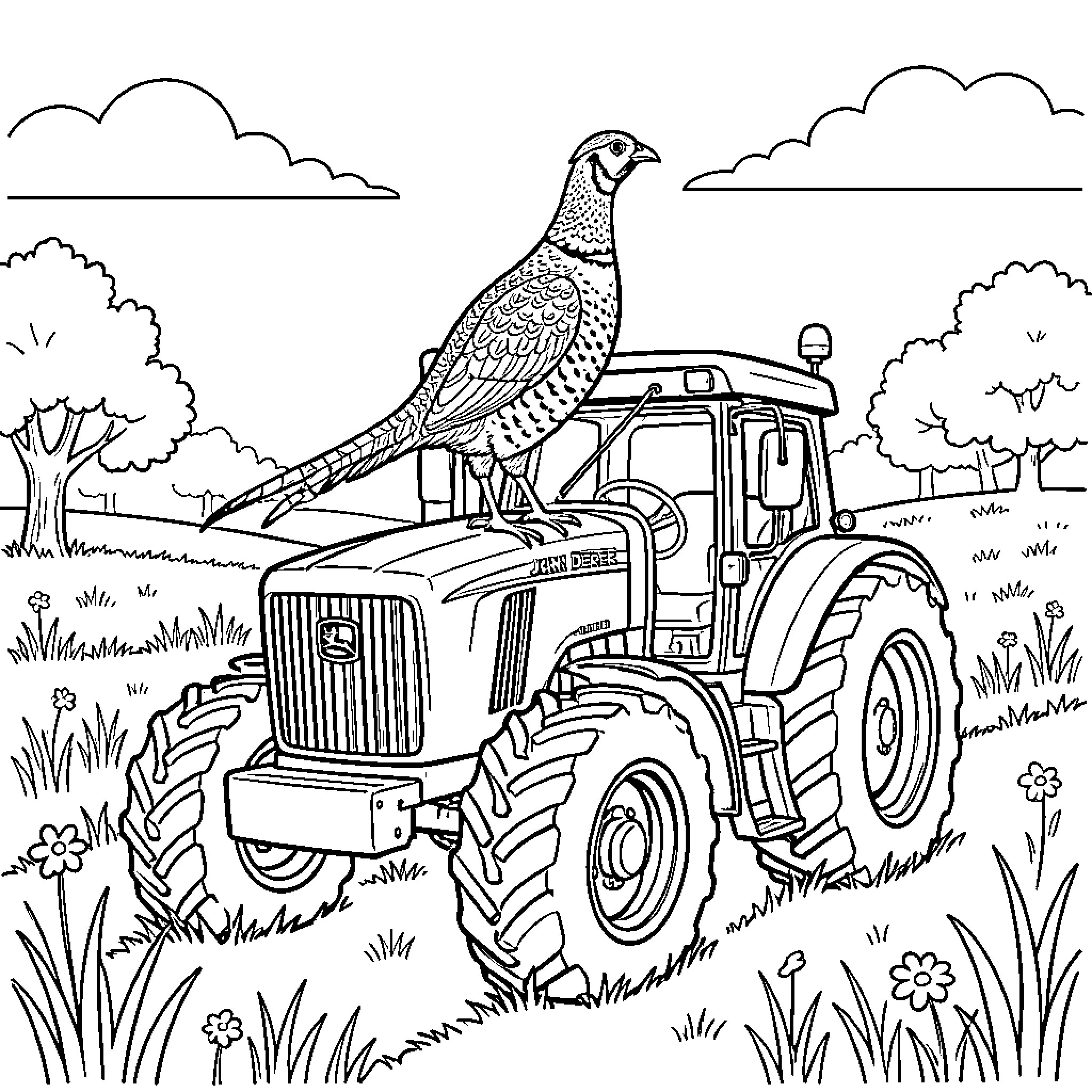 Pheasant perched atop a tractor in a field Coloring Page (free black-and-white line drawing printable PDF for all, from beginners to advanced learners, including children, teens, adults, and seniors)