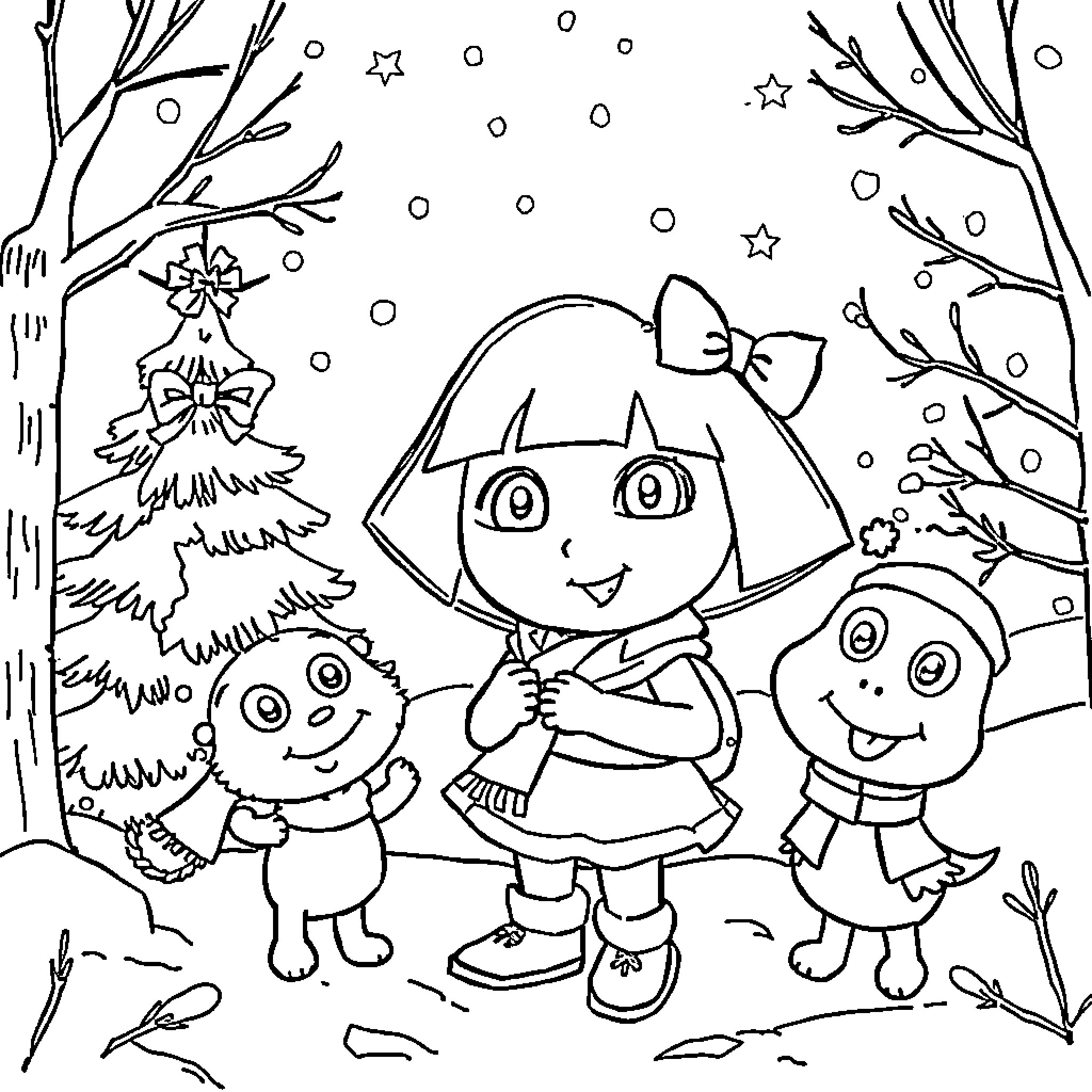 Dora and Friends Exploring the Snowy Forest Coloring Page (free black-and-white line drawing printable PDF for all, from beginners to advanced learners, including children, teens, adults, and seniors)