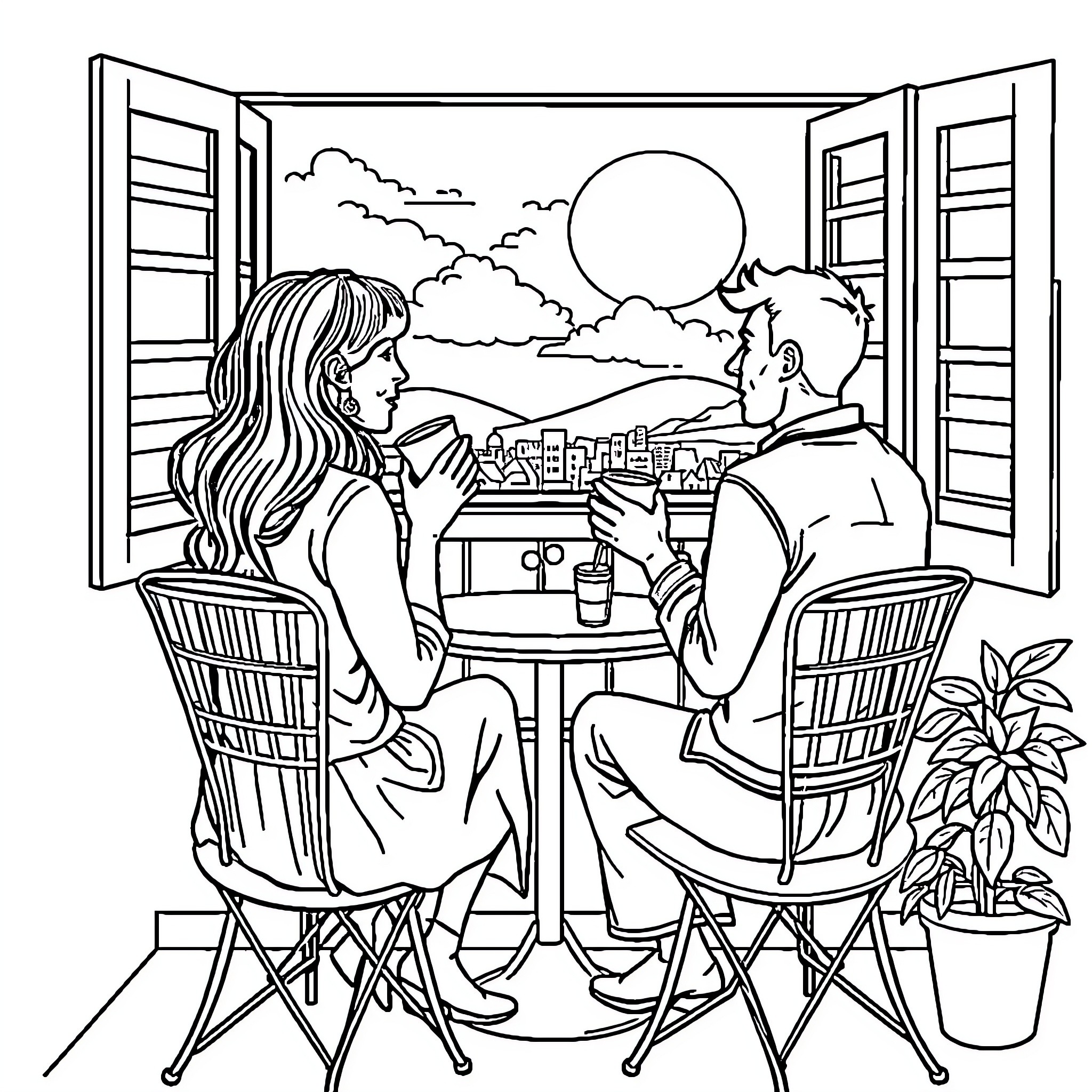 Person Enjoying Sunset View from Outdoor Balcony Coloring Page (free black-and-white line drawing printable PDF for all, from beginners to advanced learners, including children, teens, adults, and seniors)