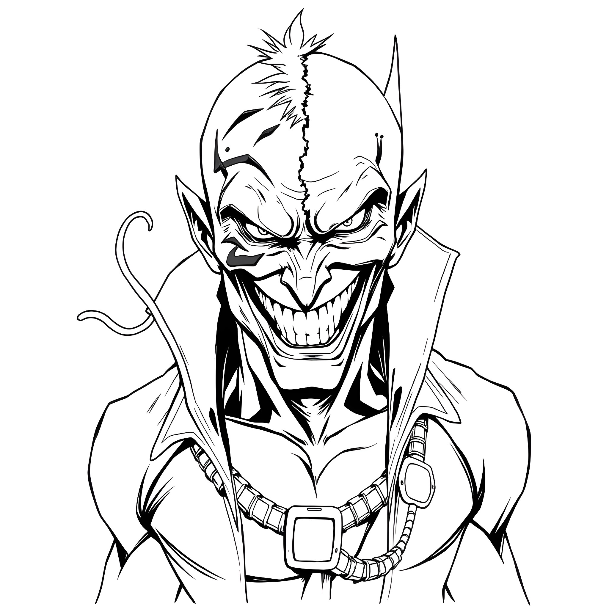 Goblin villain with sinister expression and costume Coloring Page (free black-and-white line drawing printable PDF for all, from beginners to advanced learners, including children, teens, adults, and seniors)