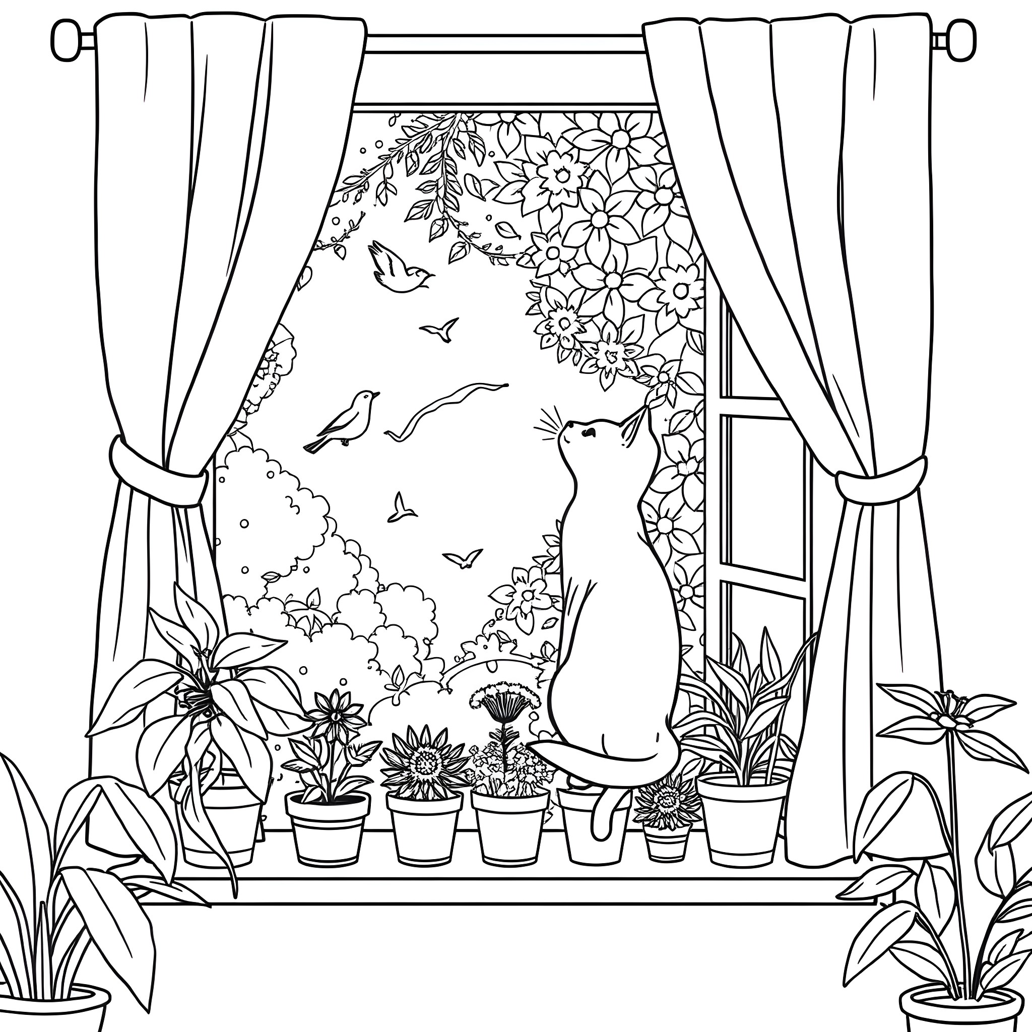 Cat looking out window surrounded by flowers Coloring Page (free black-and-white line drawing printable PDF for all, from beginners to advanced learners, including children, teens, adults, and seniors)
