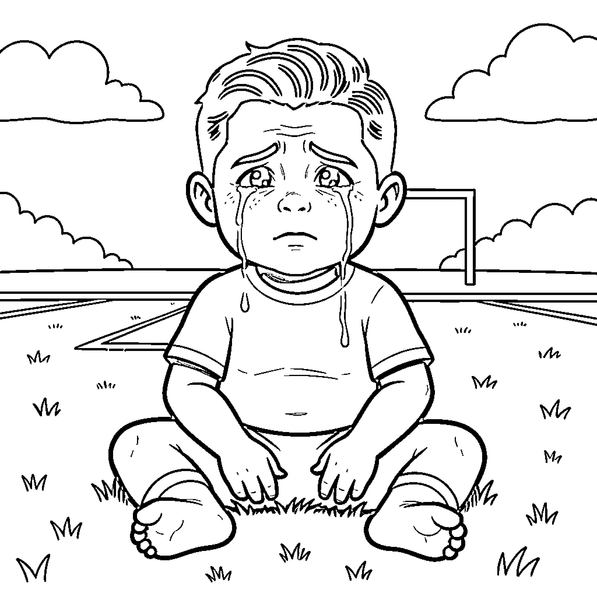 Ronaldo sitting on the grass and crying Coloring Page (free black-and-white line drawing printable PDF for all, from beginners to advanced learners, including children, teens, adults, and seniors)