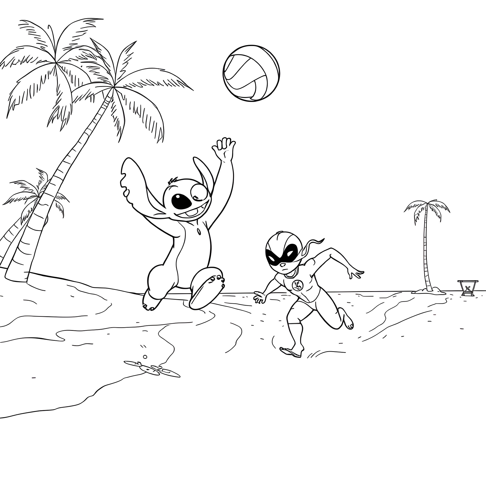 Stitch Playing Beach Ball with Alien Friend Coloring Page (free black-and-white line drawing printable PDF for all, from beginners to advanced learners, including children, teens, adults, and seniors)