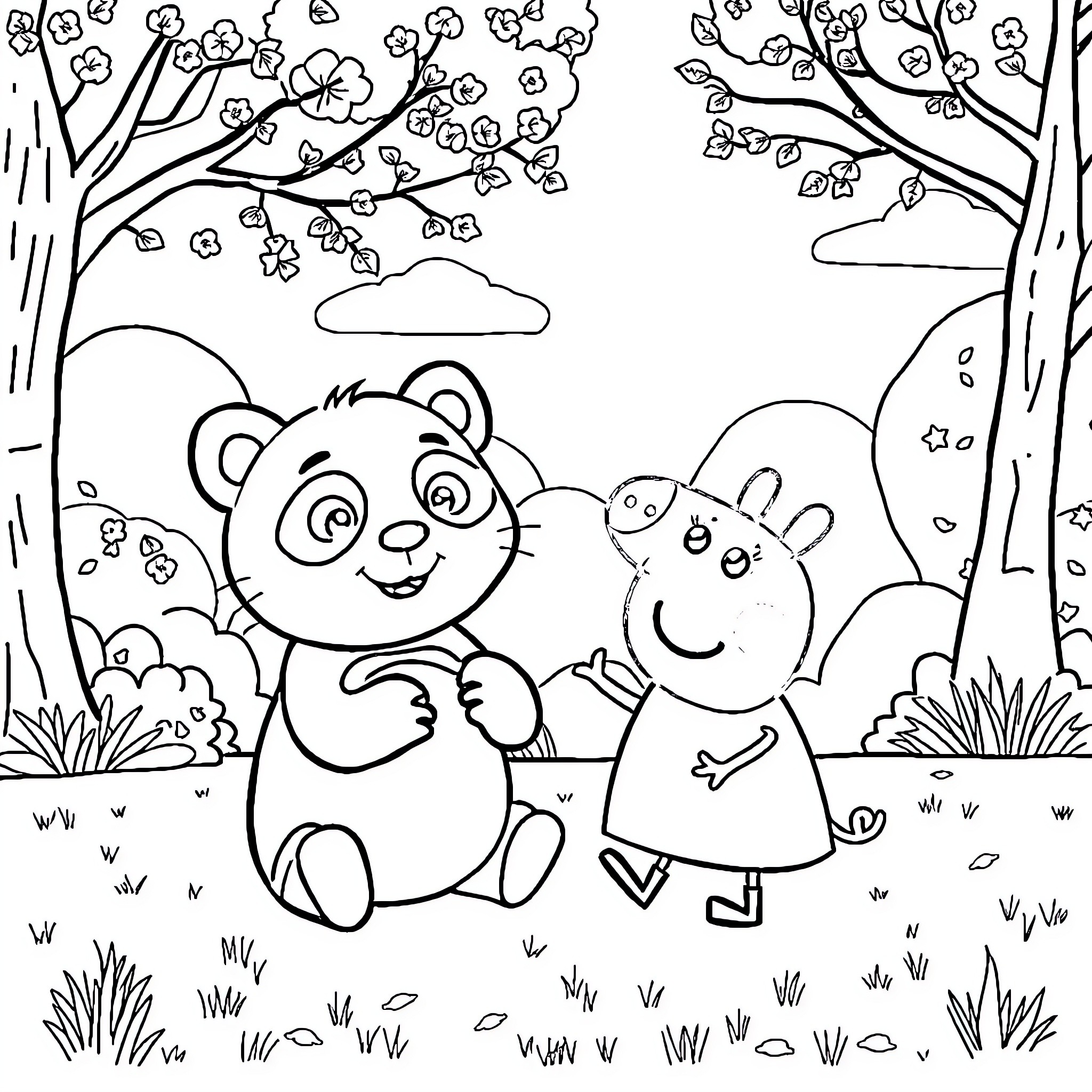 Pandycat friends exploring the blooming forest Coloring Page (free black-and-white line drawing printable PDF for all, from beginners to advanced learners, including children, teens, adults, and seniors)