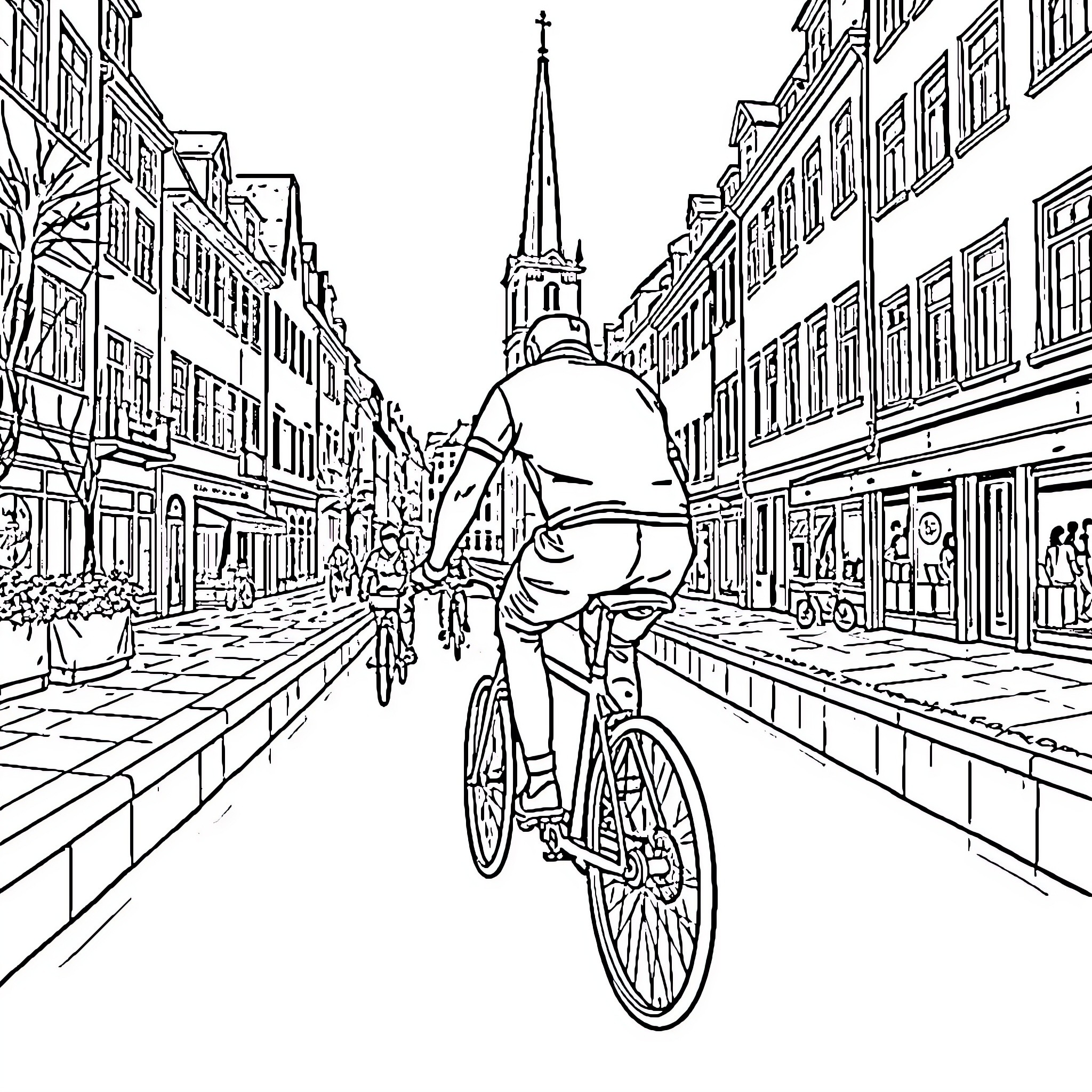 Man riding bicycle through historic city street Coloring Page (free black-and-white line drawing printable PDF for all, from beginners to advanced learners, including children, teens, adults, and seniors)