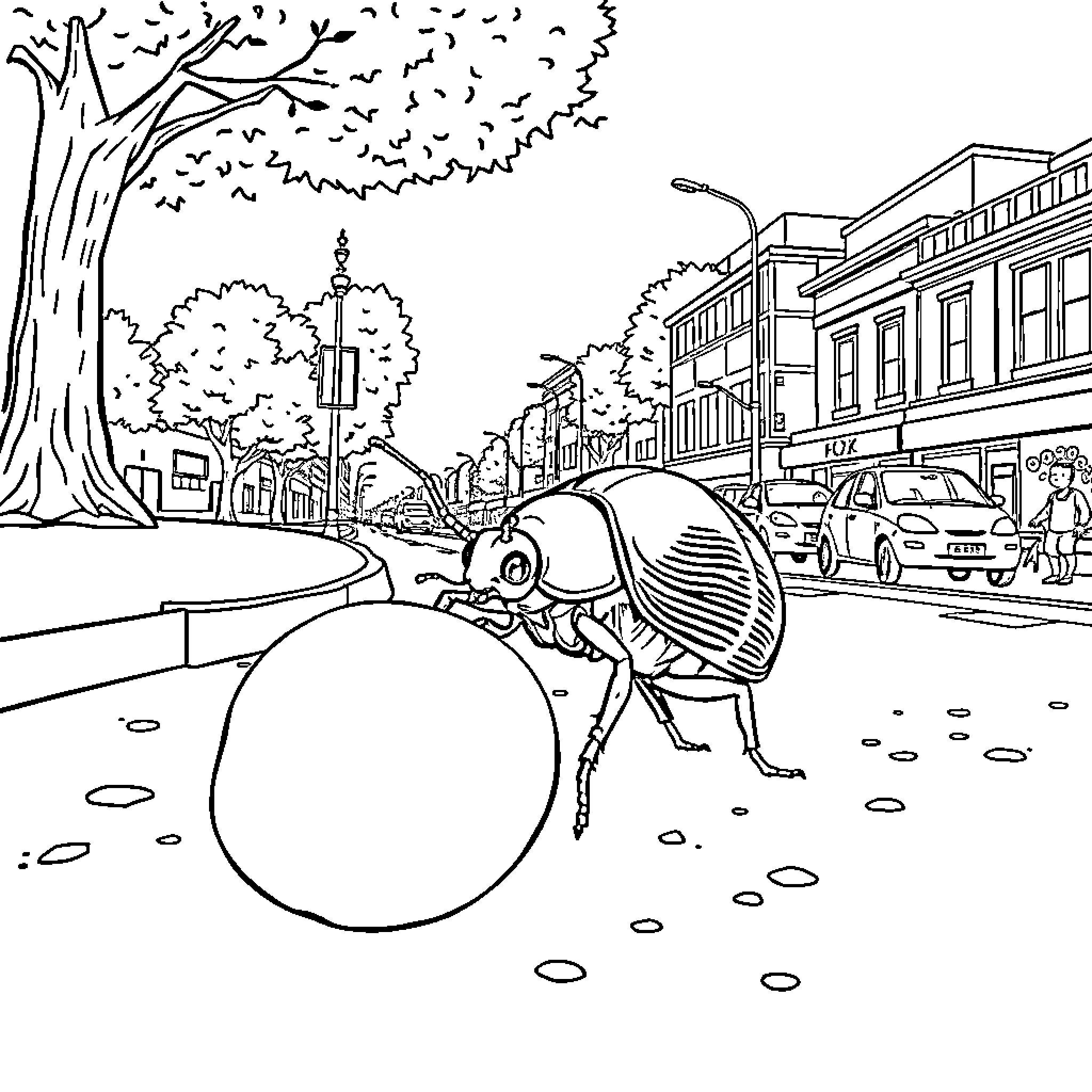 Dung Beetle rolling a ball down a city street Coloring Page (free black-and-white line drawing printable PDF for all, from beginners to advanced learners, including children, teens, adults, and seniors)