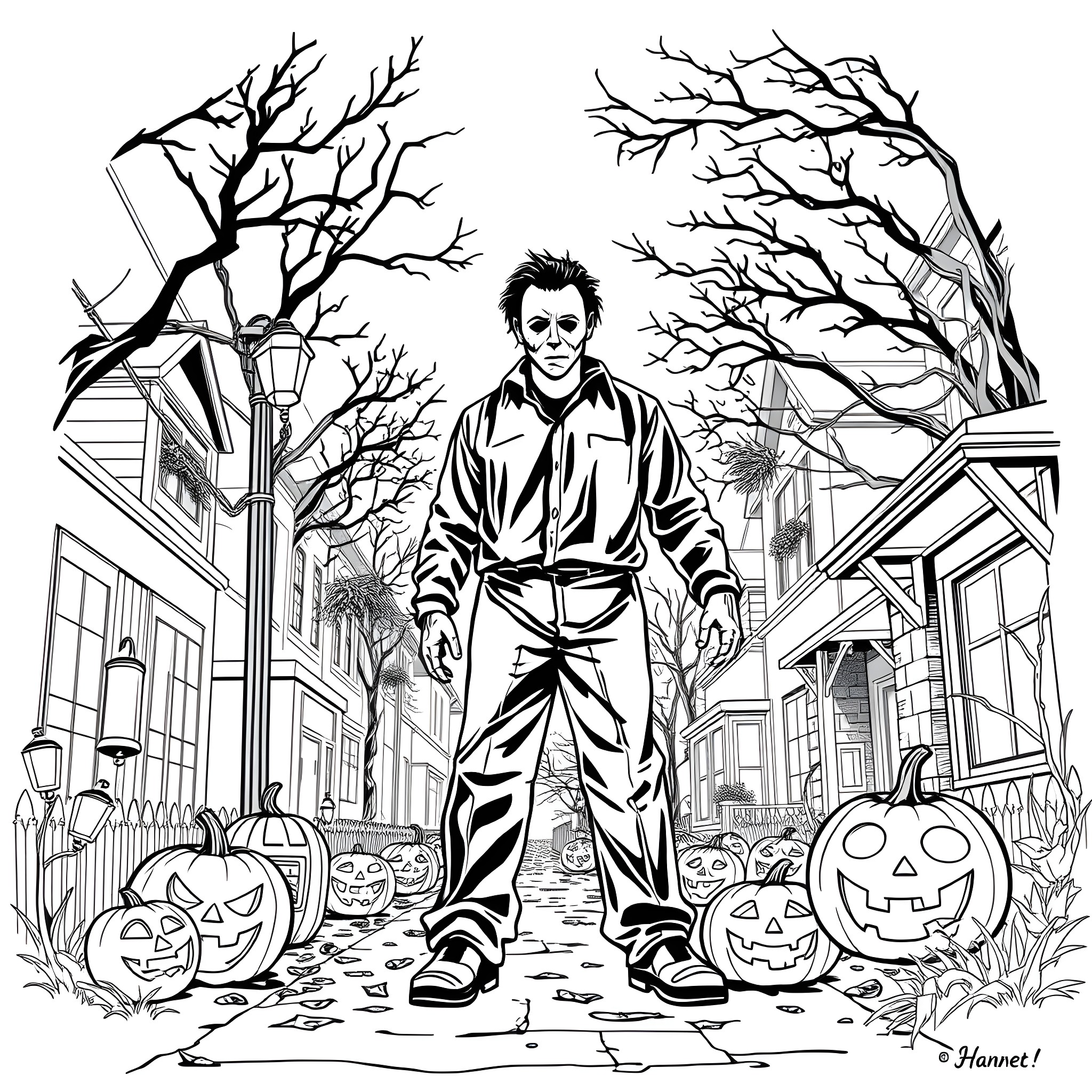 Michael Myers stalking through a spooky neighborhood Coloring Page (free black-and-white line drawing printable PDF for all, from beginners to advanced learners, including children, teens, adults, and seniors)