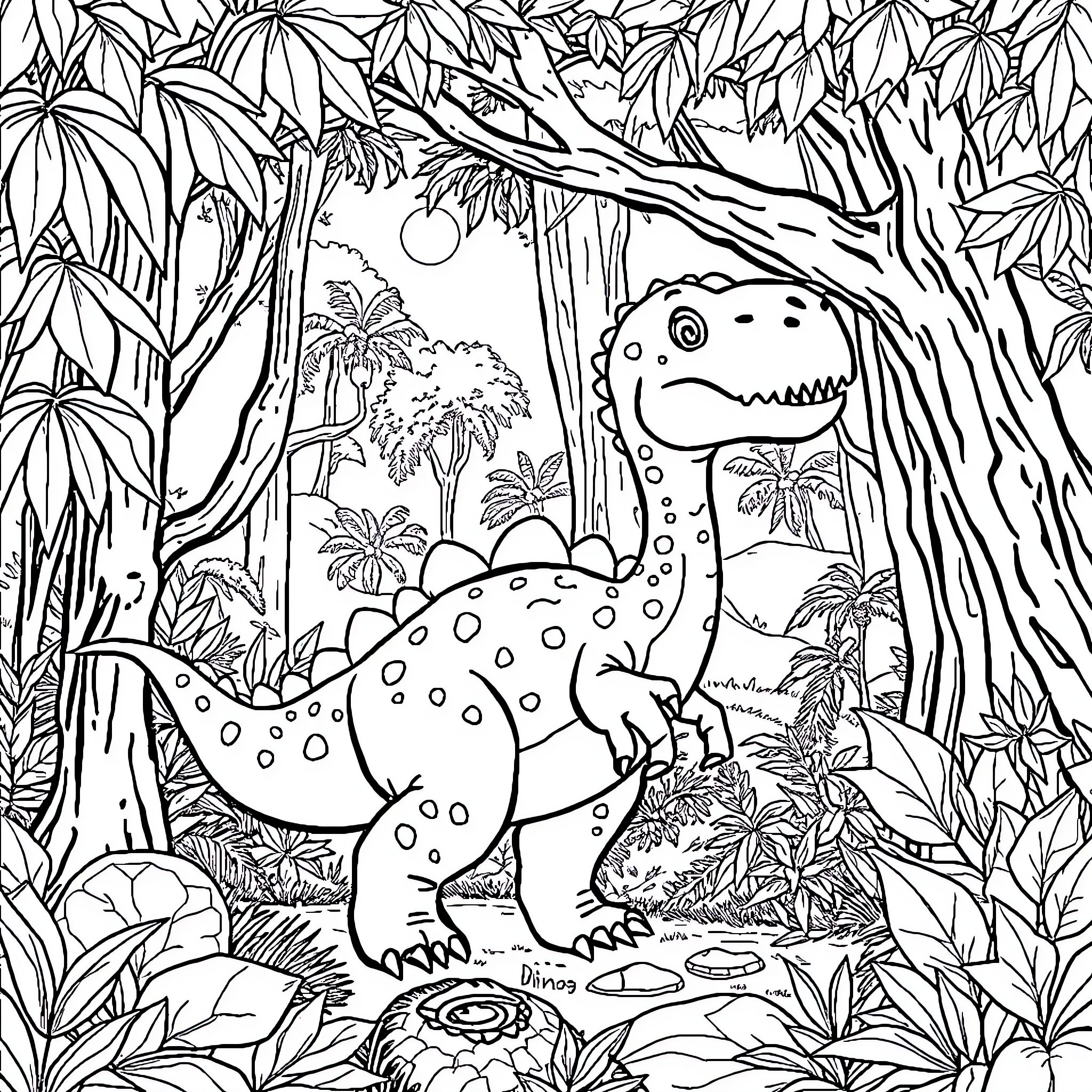 Dinosaur in the Lush Jungle Habitat Coloring Page (free black-and-white line drawing printable PDF for all, from beginners to advanced learners, including children, teens, adults, and seniors)