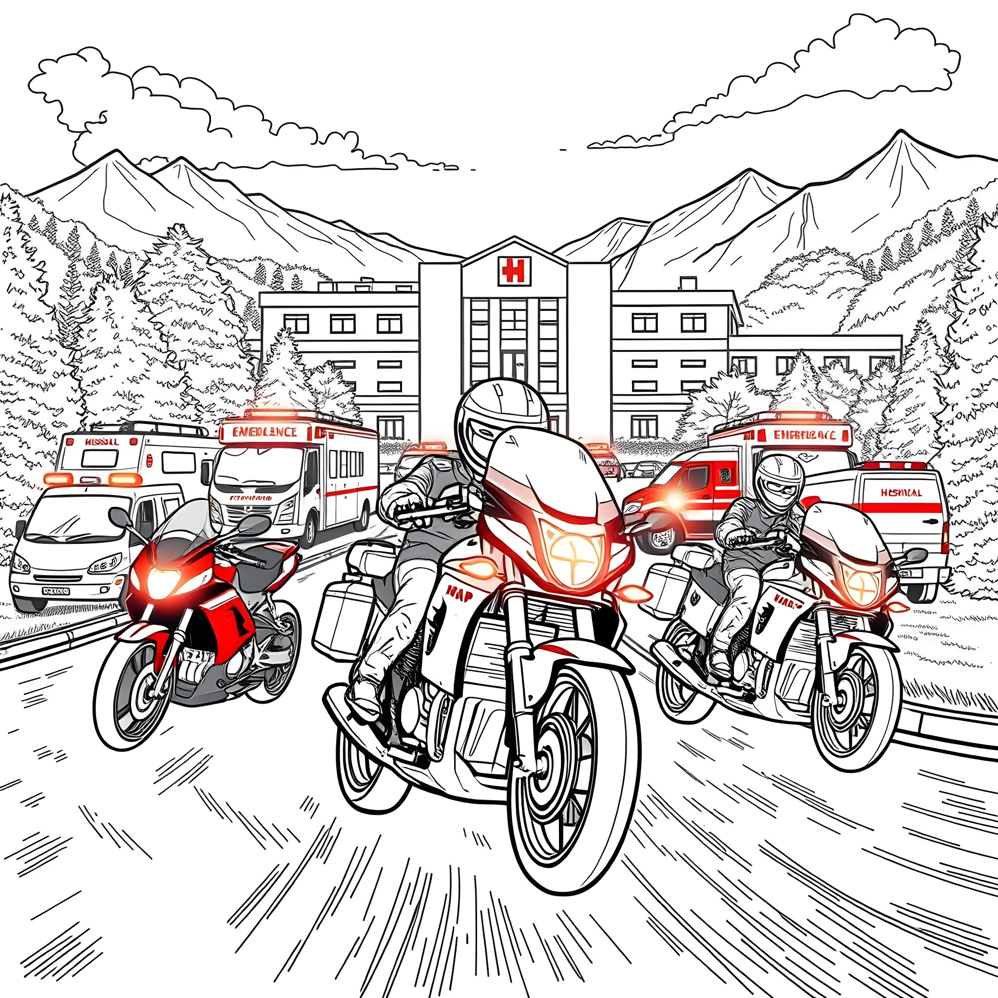 Motorcycle Riders Navigating through Mountain Landscape Coloring Page (free black-and-white line drawing printable PDF for all, from beginners to advanced learners, including children, teens, adults, and seniors)