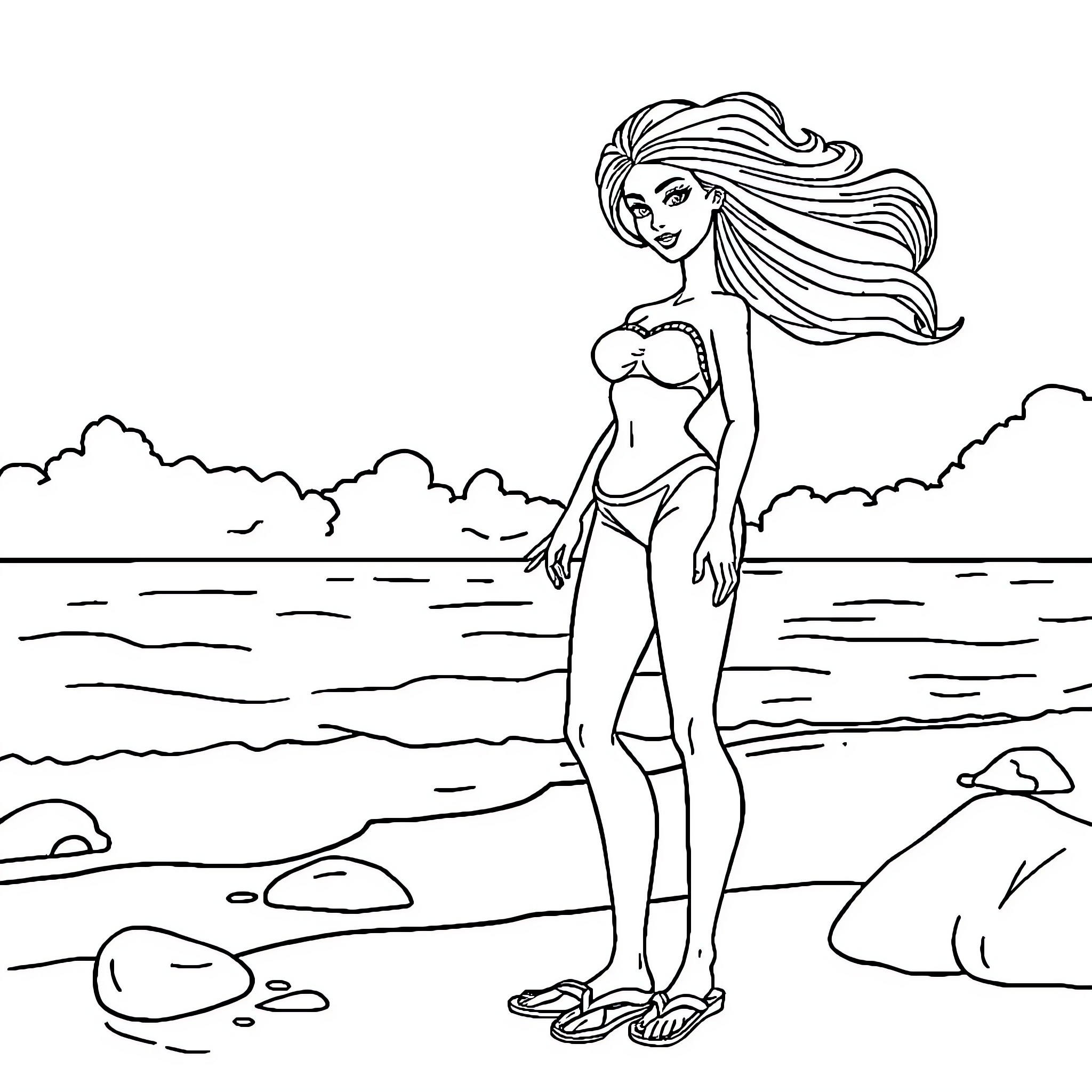 Barbie standing confidently on the beach Coloring Page (free black-and-white line drawing printable PDF for all, from beginners to advanced learners, including children, teens, adults, and seniors)