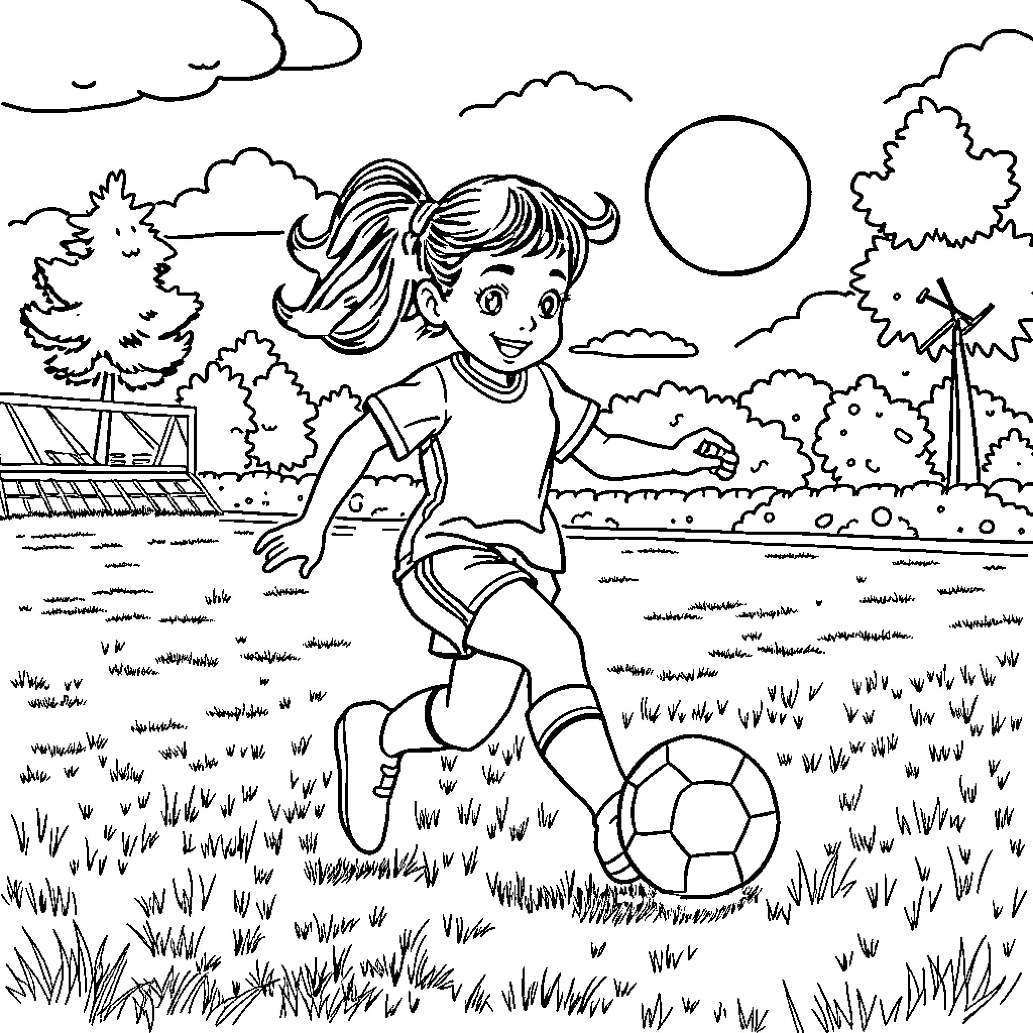 Mira's Outdoor Soccer Adventure Coloring Page (free black-and-white line drawing printable PDF for all, from beginners to advanced learners, including children, teens, adults, and seniors)