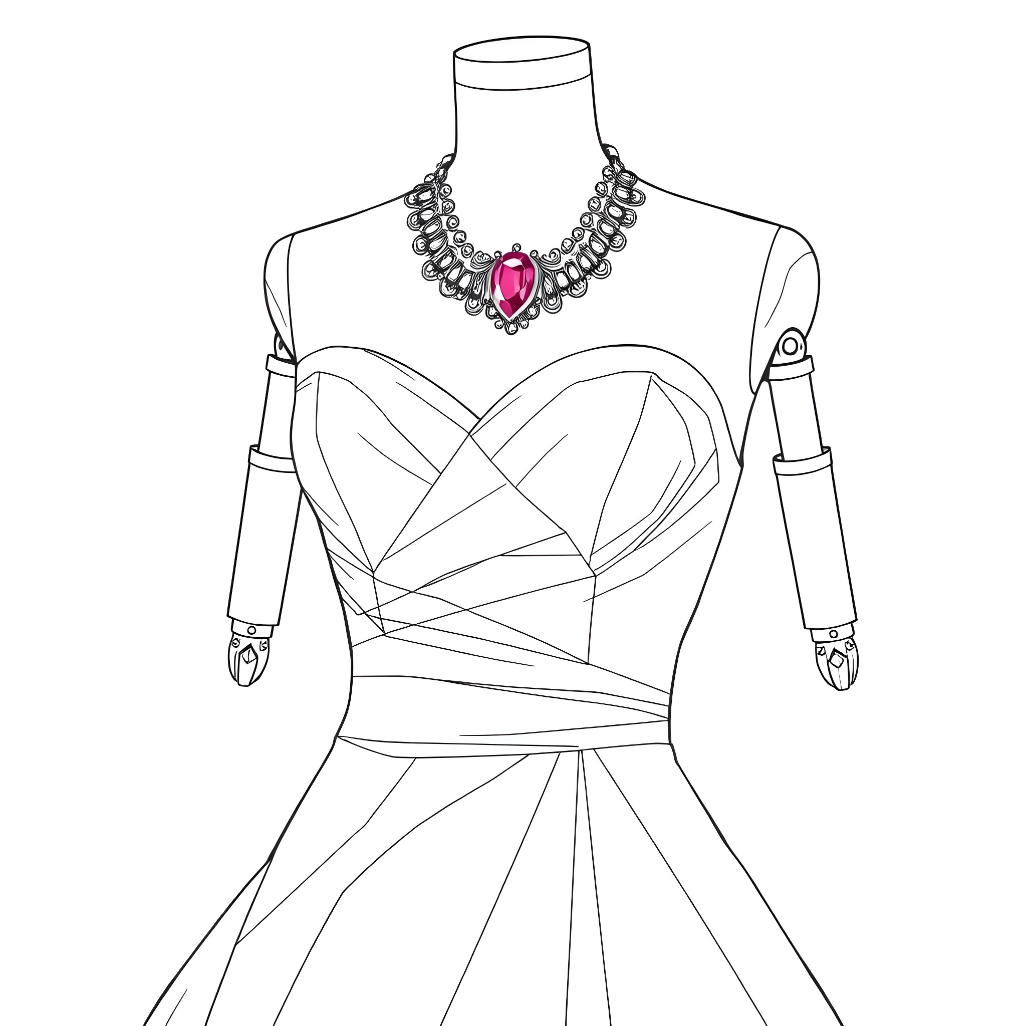 Wedding Dress with Statement Necklace Coloring Page (free black-and-white line drawing printable PDF for all, from beginners to advanced learners, including children, teens, adults, and seniors)