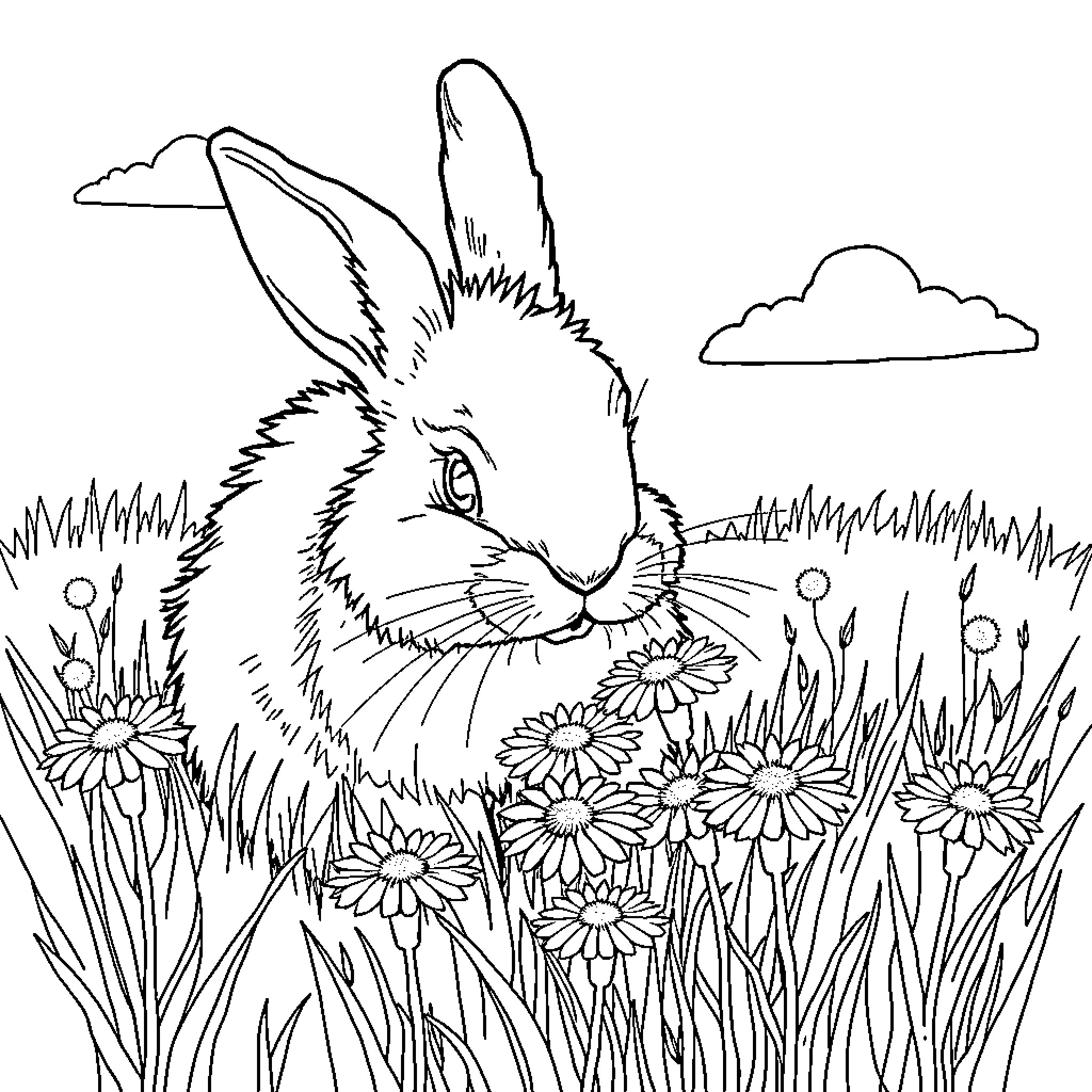 Rabbit exploring a flower-filled meadow Coloring Page (free black-and-white line drawing printable PDF for all, from beginners to advanced learners, including children, teens, adults, and seniors)