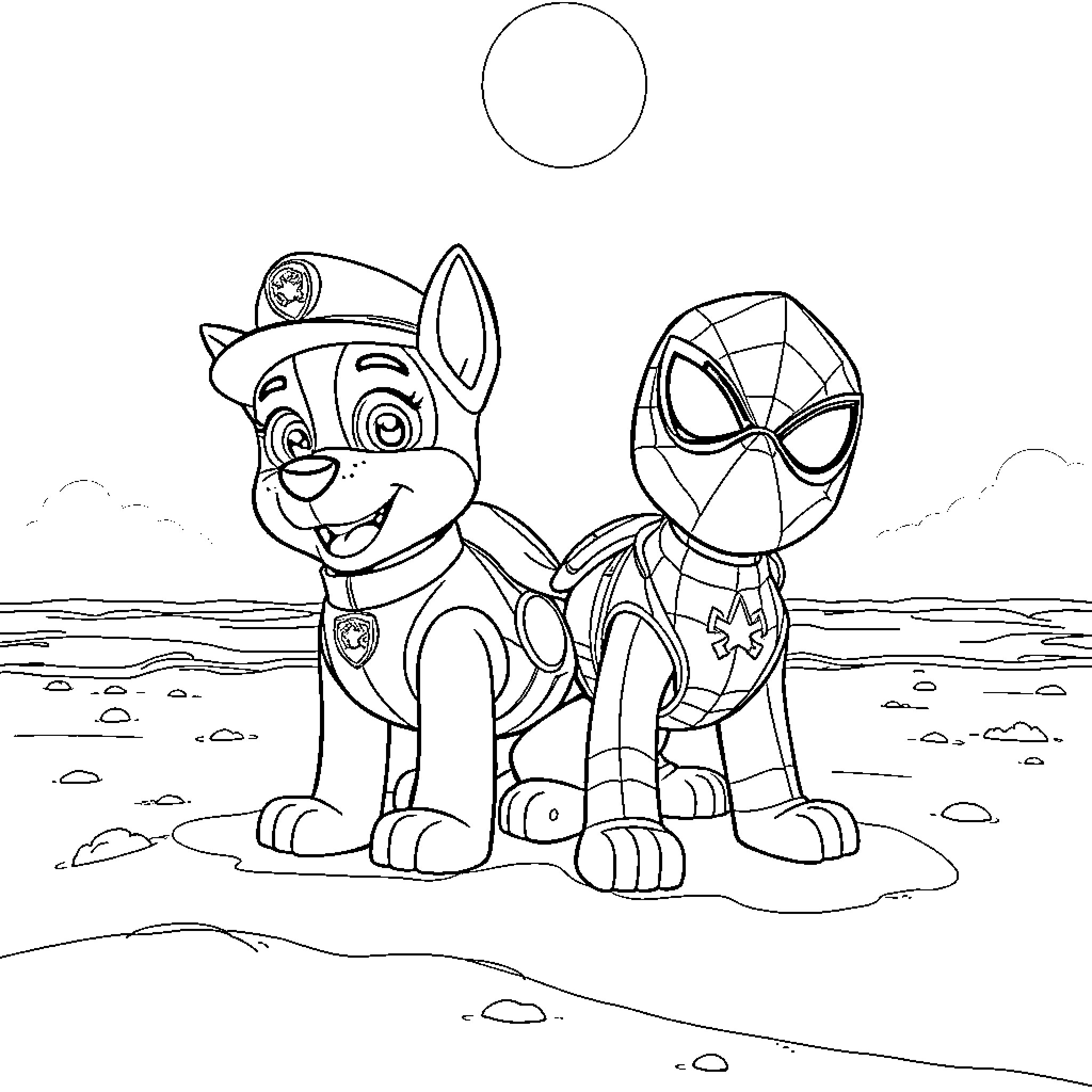 Paw Patrol characters in adventure scene Coloring Page (free black-and-white line drawing printable PDF for all, from beginners to advanced learners, including children, teens, adults, and seniors)