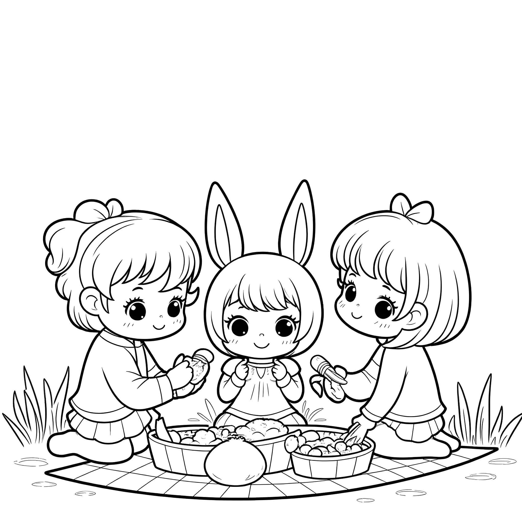 Children's Book Characters Enjoying a Picnic Coloring Page (free black-and-white line drawing printable PDF for all, from beginners to advanced learners, including children, teens, adults, and seniors)