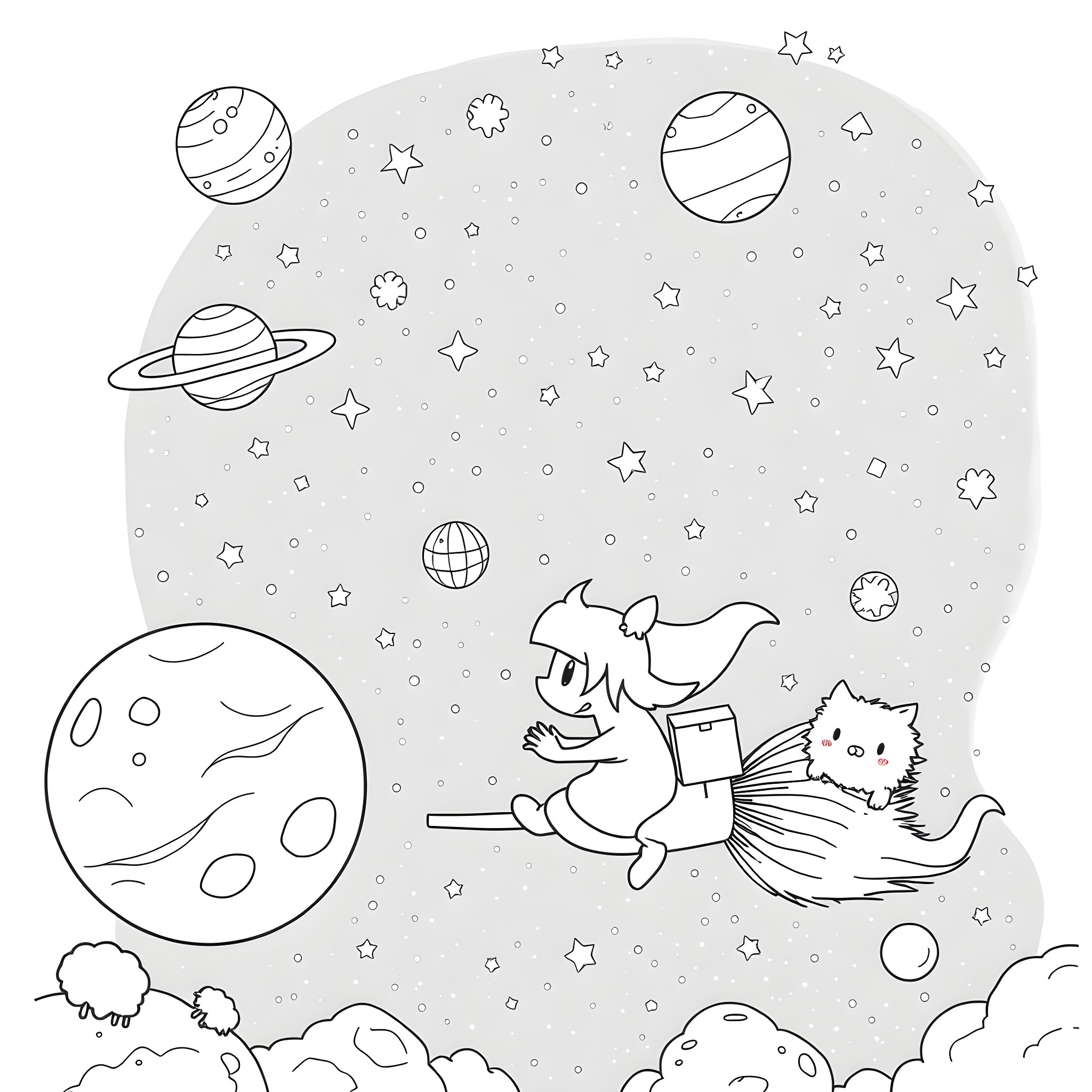Kiki exploring the cosmic wonderland Coloring Page (free black-and-white line drawing printable PDF for all, from beginners to advanced learners, including children, teens, adults, and seniors)