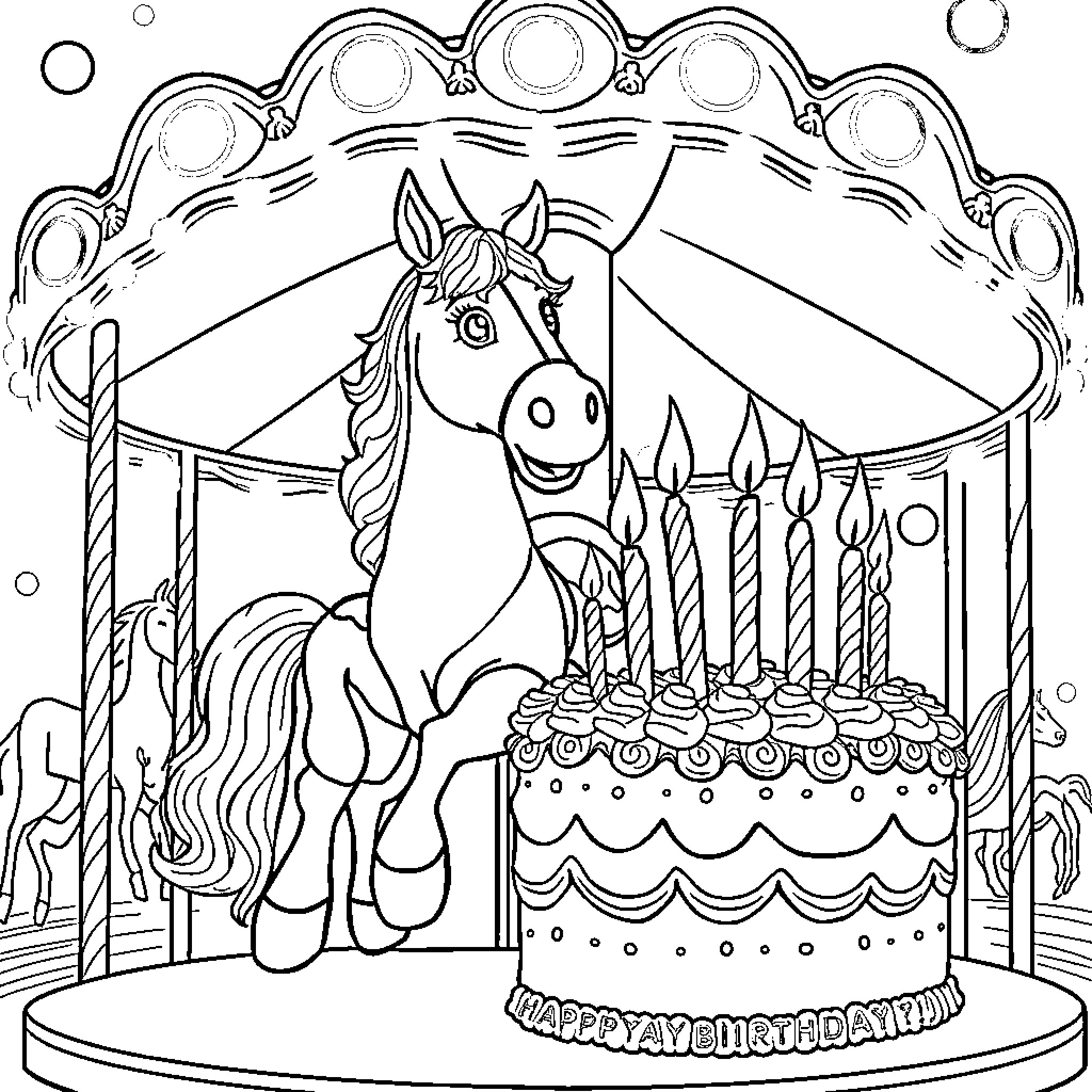 Horse celebrating birthday party with cake Coloring Page (free black-and-white line drawing printable PDF for all, from beginners to advanced learners, including children, teens, adults, and seniors)