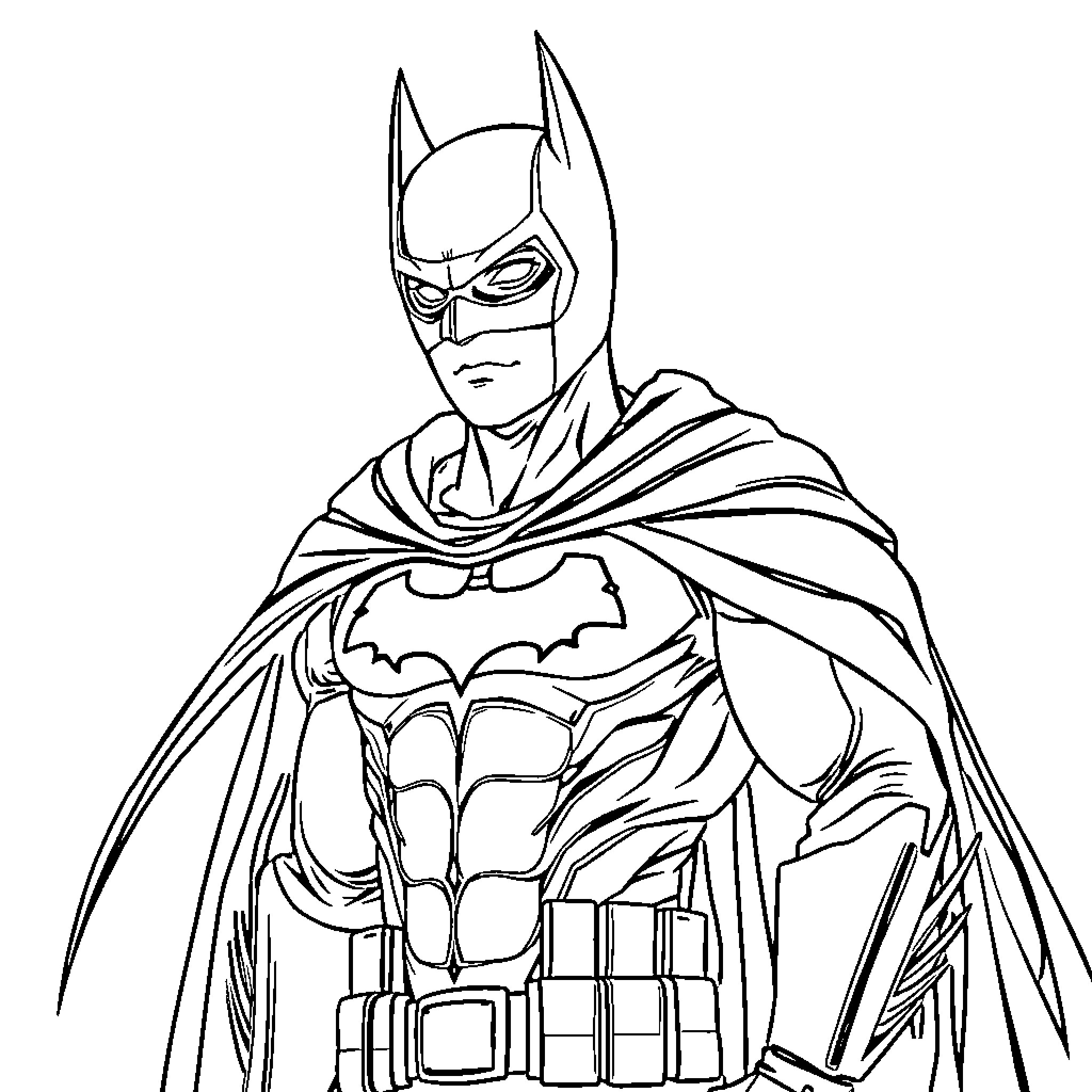 Suriya, the Caped Crusader in Heroic Pose Coloring Page (free black-and-white line drawing printable PDF for all, from beginners to advanced learners, including children, teens, adults, and seniors)
