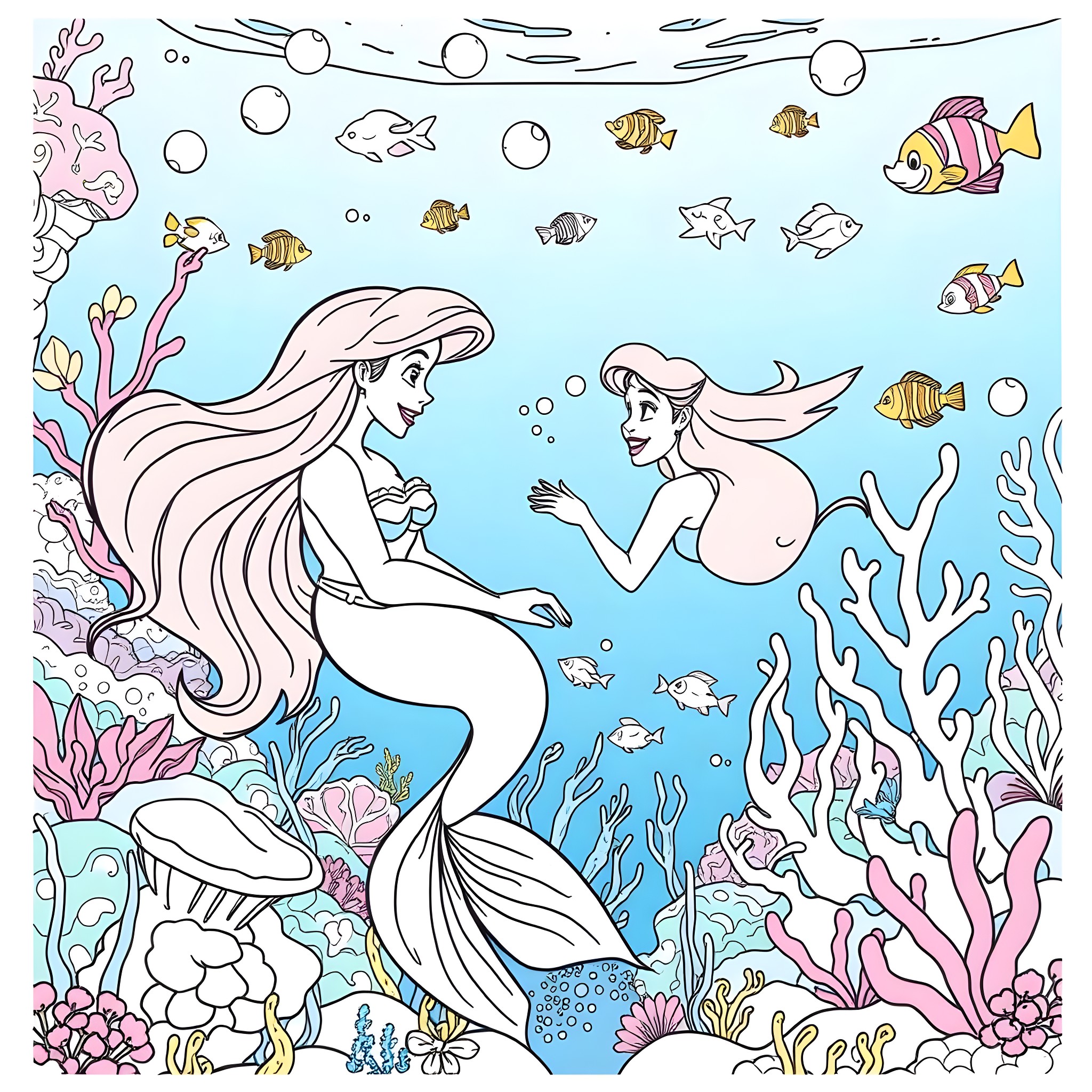 Mermaid friends playing in the vibrant underwater world Coloring Page (free black-and-white line drawing printable PDF for all, from beginners to advanced learners, including children, teens, adults, and seniors)