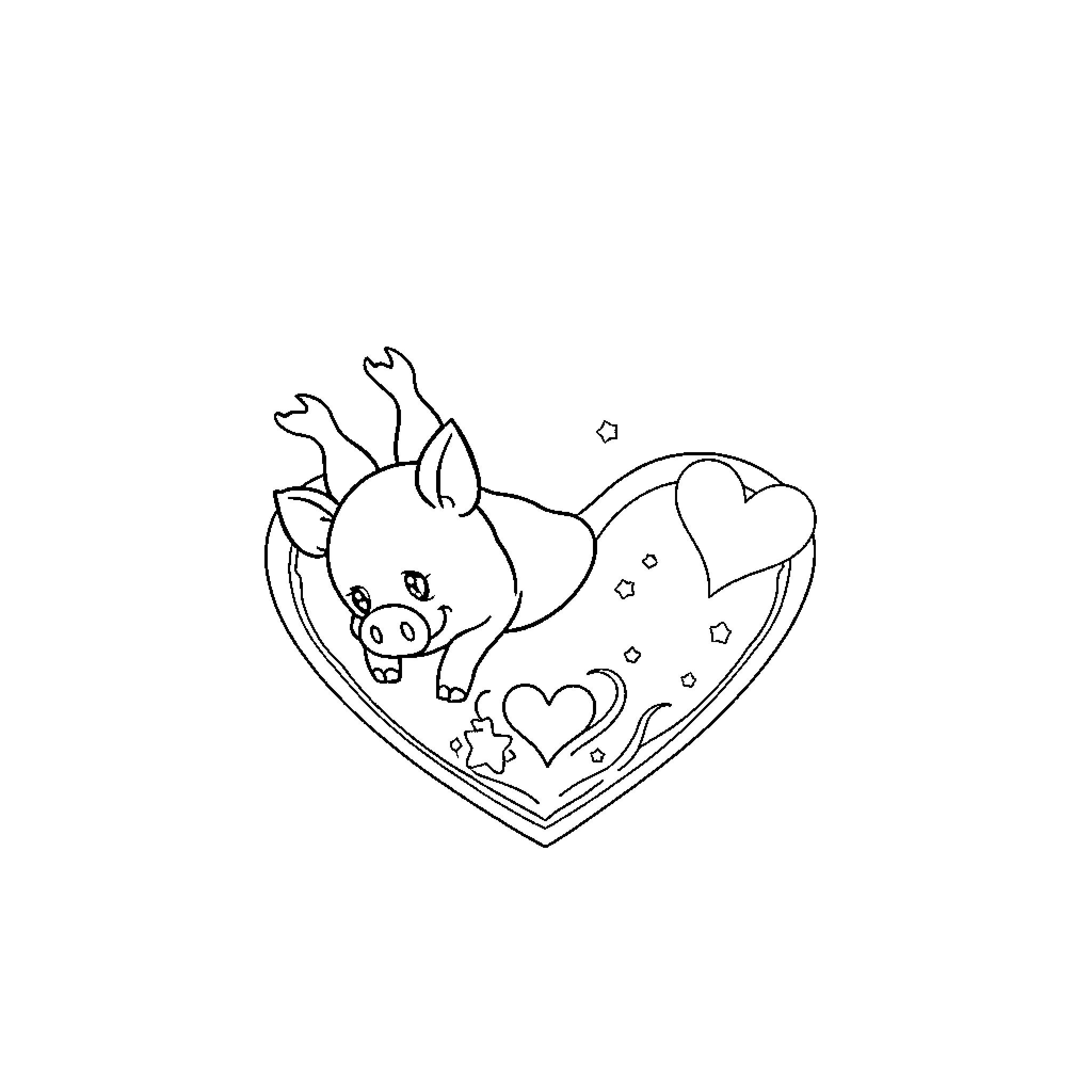 Pig playfully frolicking in a heart-shaped frame Coloring Page (free black-and-white line drawing printable PDF for all, from beginners to advanced learners, including children, teens, adults, and seniors)