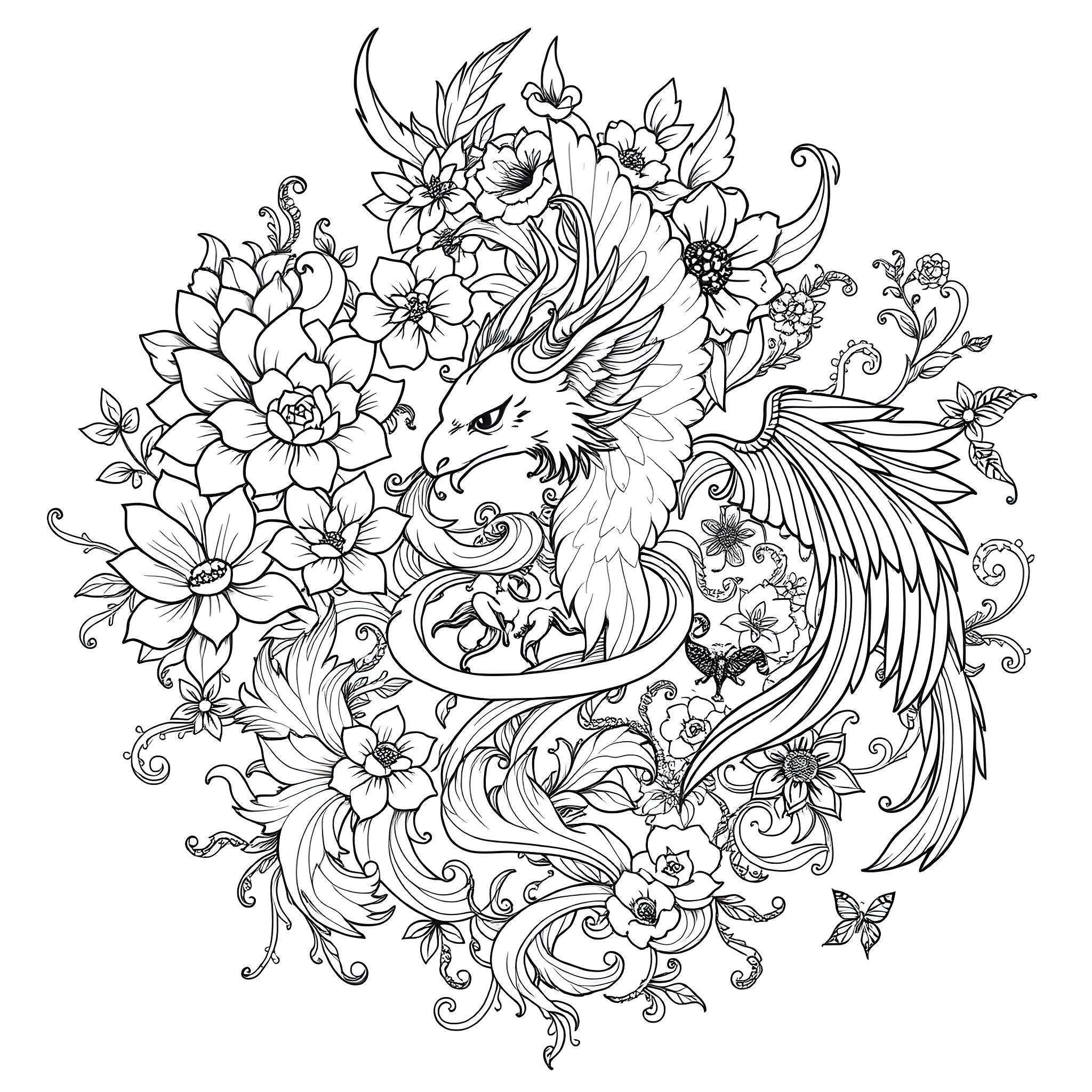 Tattoo of a phoenix amidst floral patterns Coloring Page (free black-and-white line drawing printable PDF for all, from beginners to advanced learners, including children, teens, adults, and seniors)