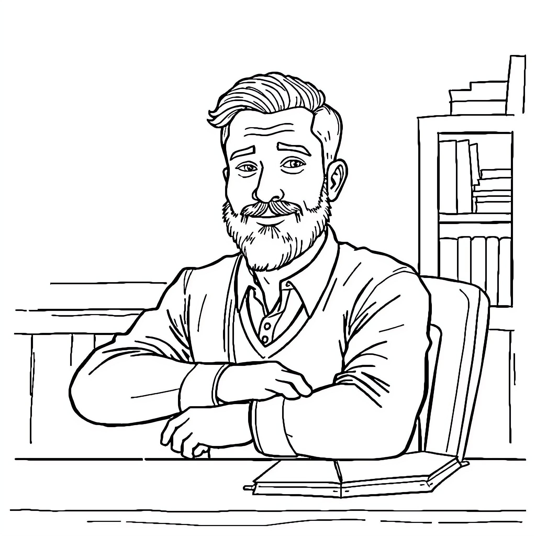 Teacher in thoughtful pose at his desk Coloring Page (free black-and-white line drawing printable PDF for all, from beginners to advanced learners, including children, teens, adults, and seniors)