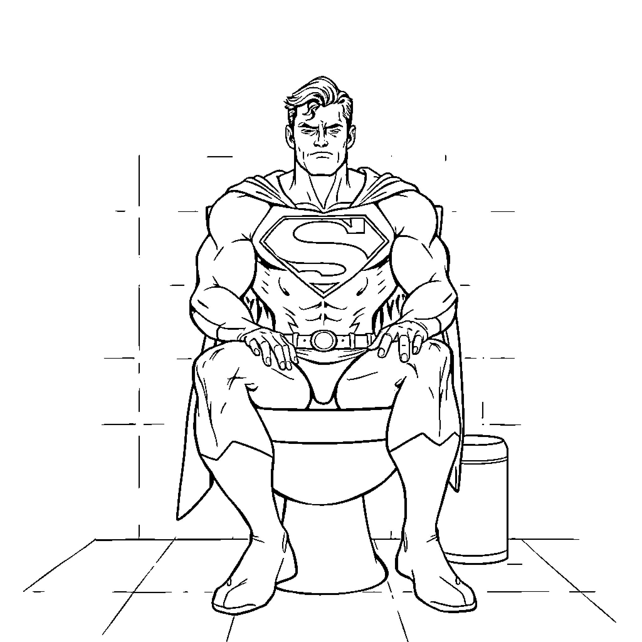 Superman in heroic pose on toilet Coloring Page (free black-and-white line drawing printable PDF for all, from beginners to advanced learners, including children, teens, adults, and seniors)