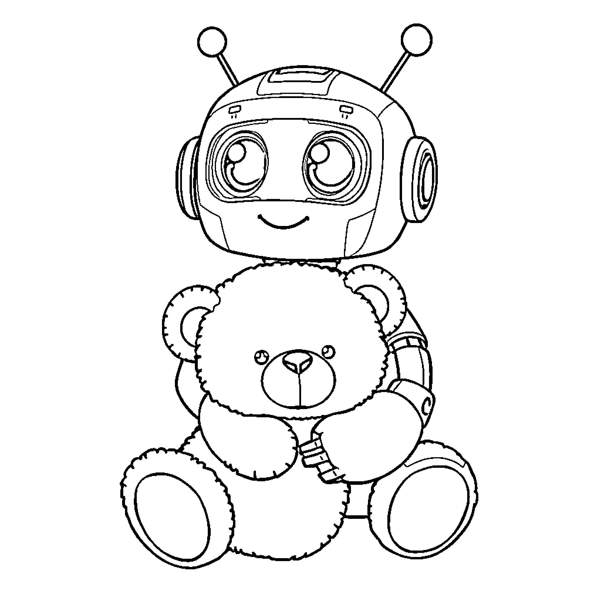 Teddy Bear with a Robot Friend Coloring Page (free black-and-white line drawing printable PDF for all, from beginners to advanced learners, including children, teens, adults, and seniors)