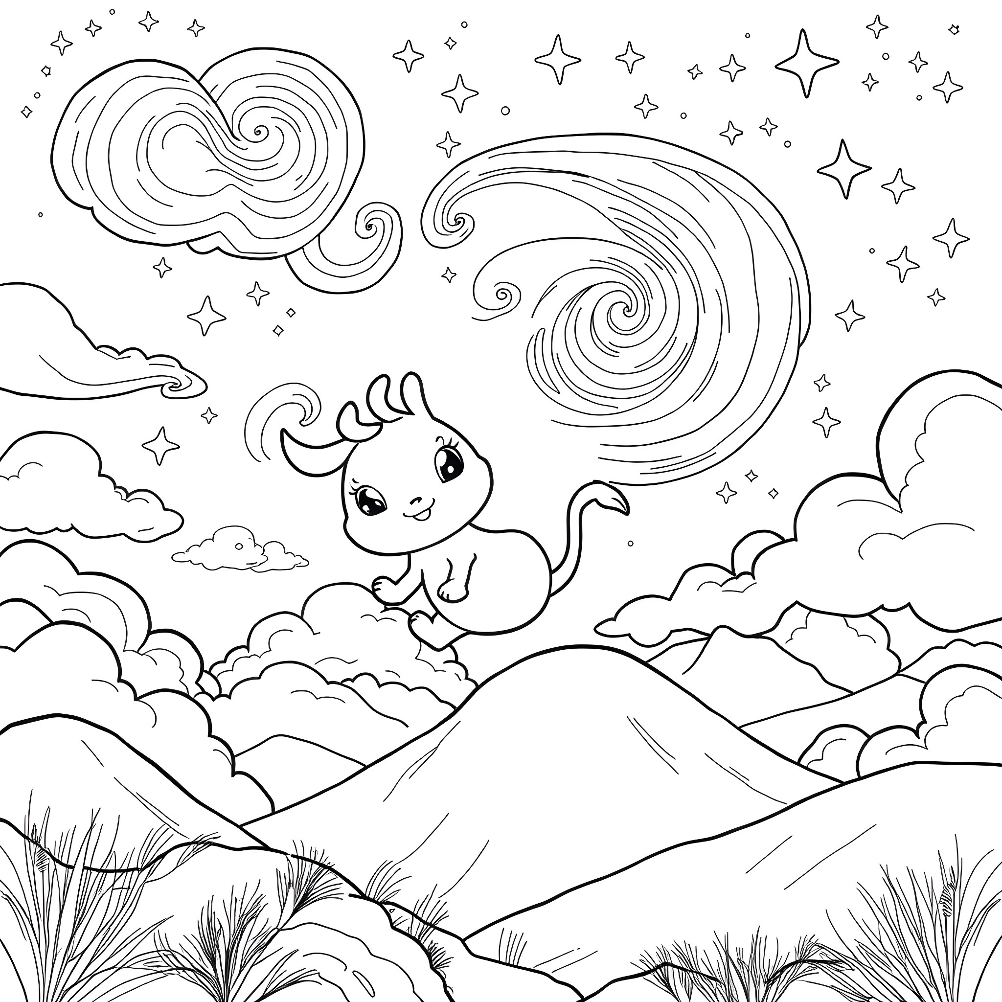 Dbt Cute Creature Exploring Whimsical Landscape Coloring Page (free black-and-white line drawing printable PDF for all, from beginners to advanced learners, including children, teens, adults, and seniors)