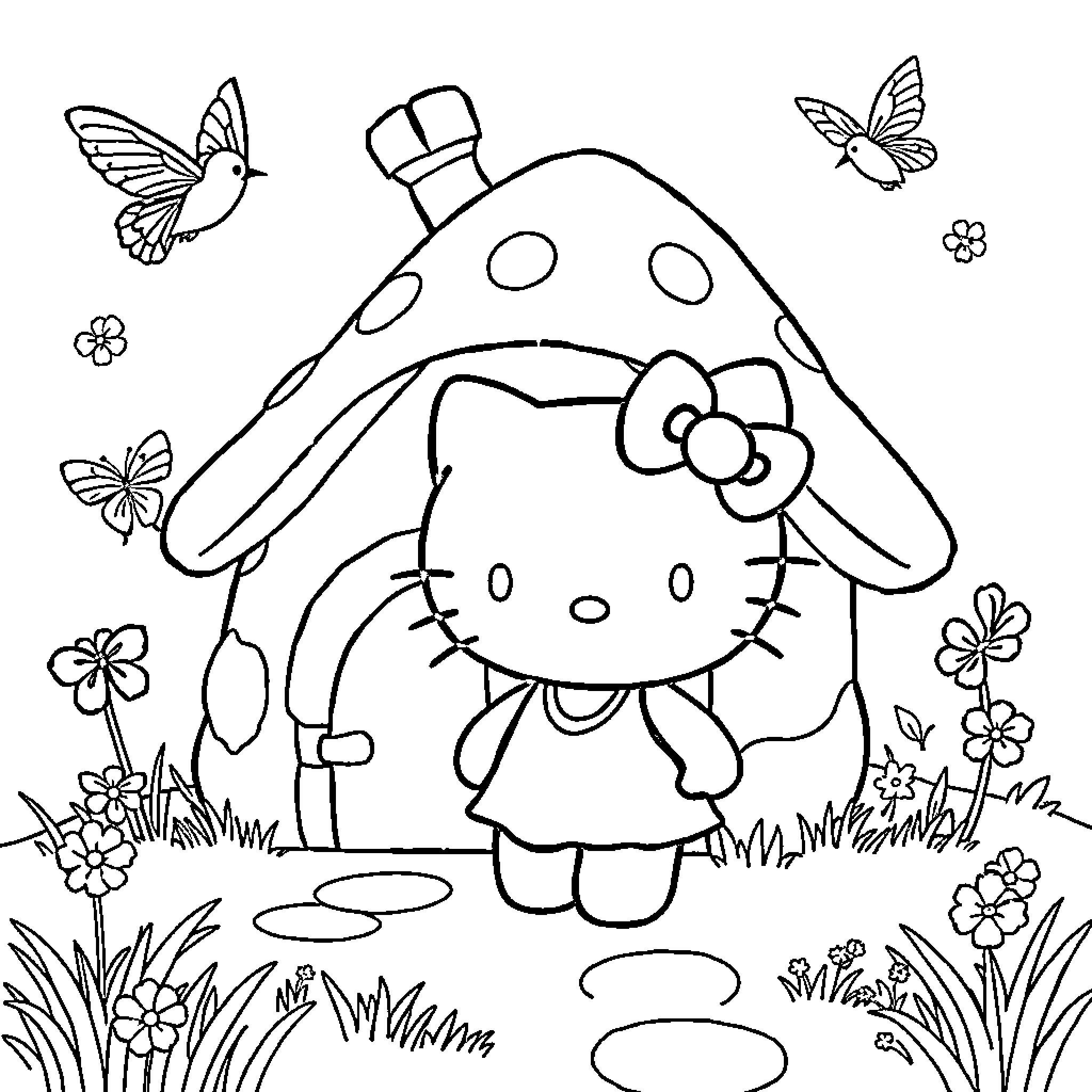 Hello Kitty playing in a whimsical garden Coloring Page (free black-and-white line drawing printable PDF for all, from beginners to advanced learners, including children, teens, adults, and seniors)