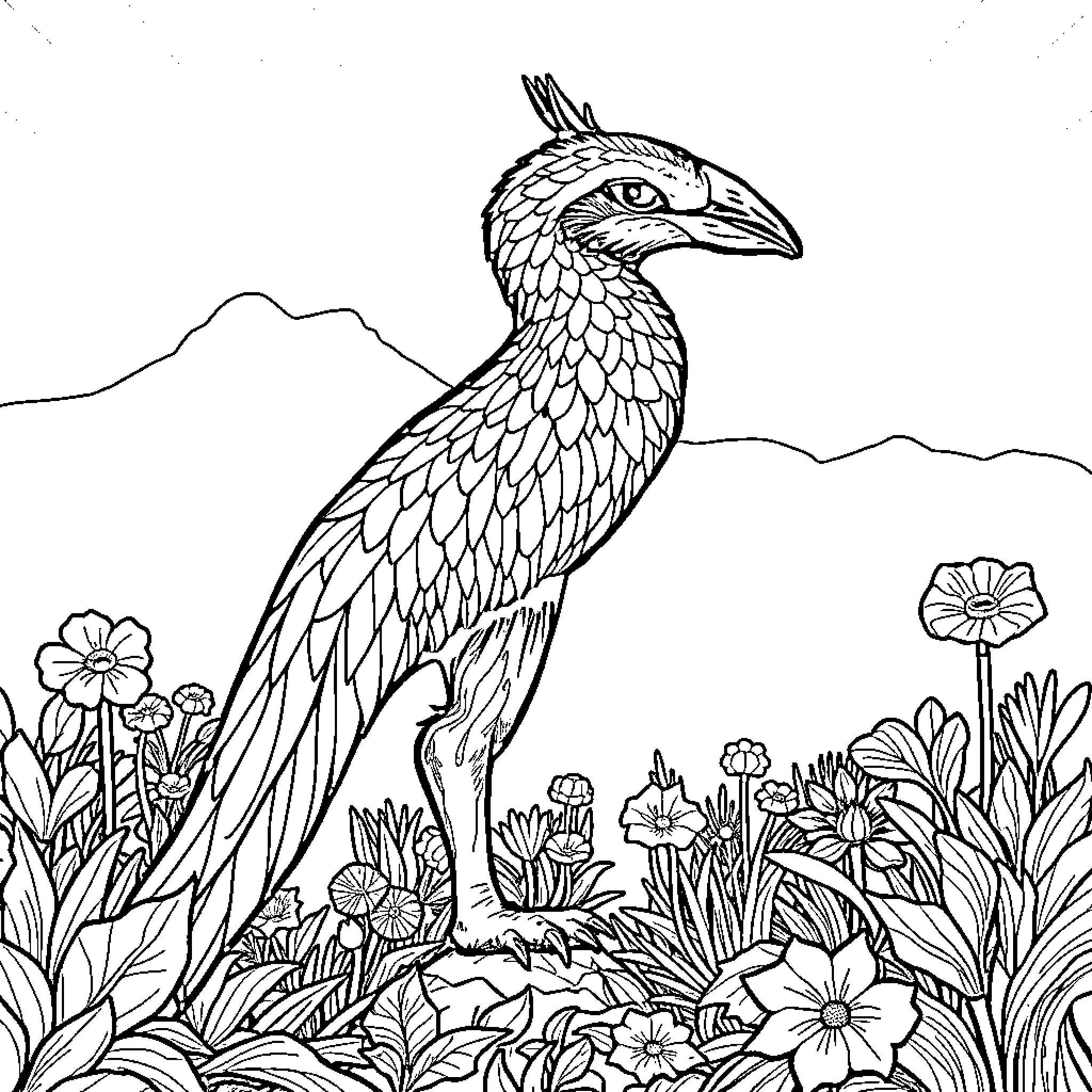 Detailed illustration of a bird in a floral field Coloring Page (free black-and-white line drawing printable PDF for all, from beginners to advanced learners, including children, teens, adults, and seniors)