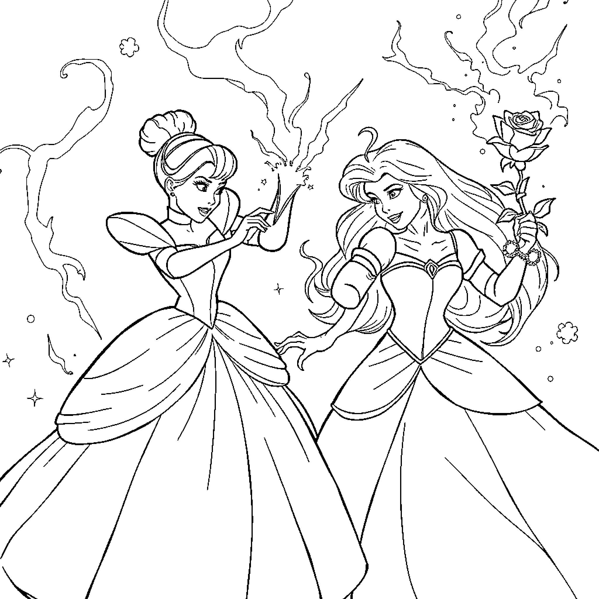 Cinderella's Magical Transformation with Belle Coloring Page (free black-and-white line drawing printable PDF for all, from beginners to advanced learners, including children, teens, adults, and seniors)