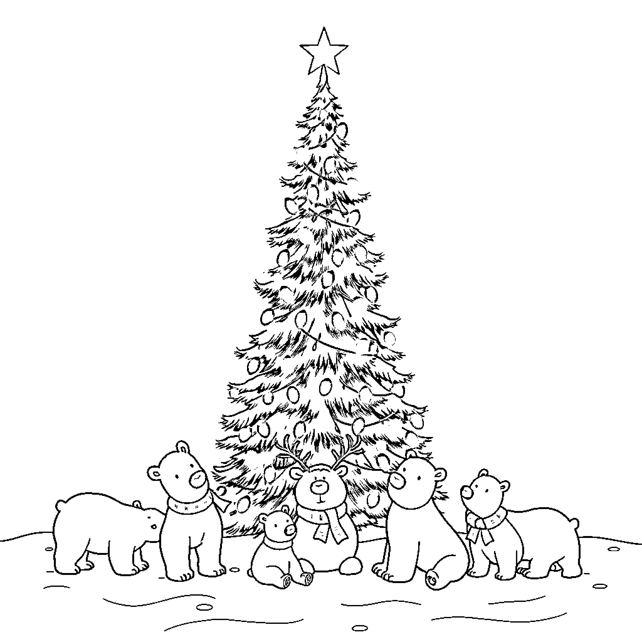 Christmas Tree decorated with polar bears Coloring Page (free black-and-white line drawing printable PDF for all, from beginners to advanced learners, including children, teens, adults, and seniors)
