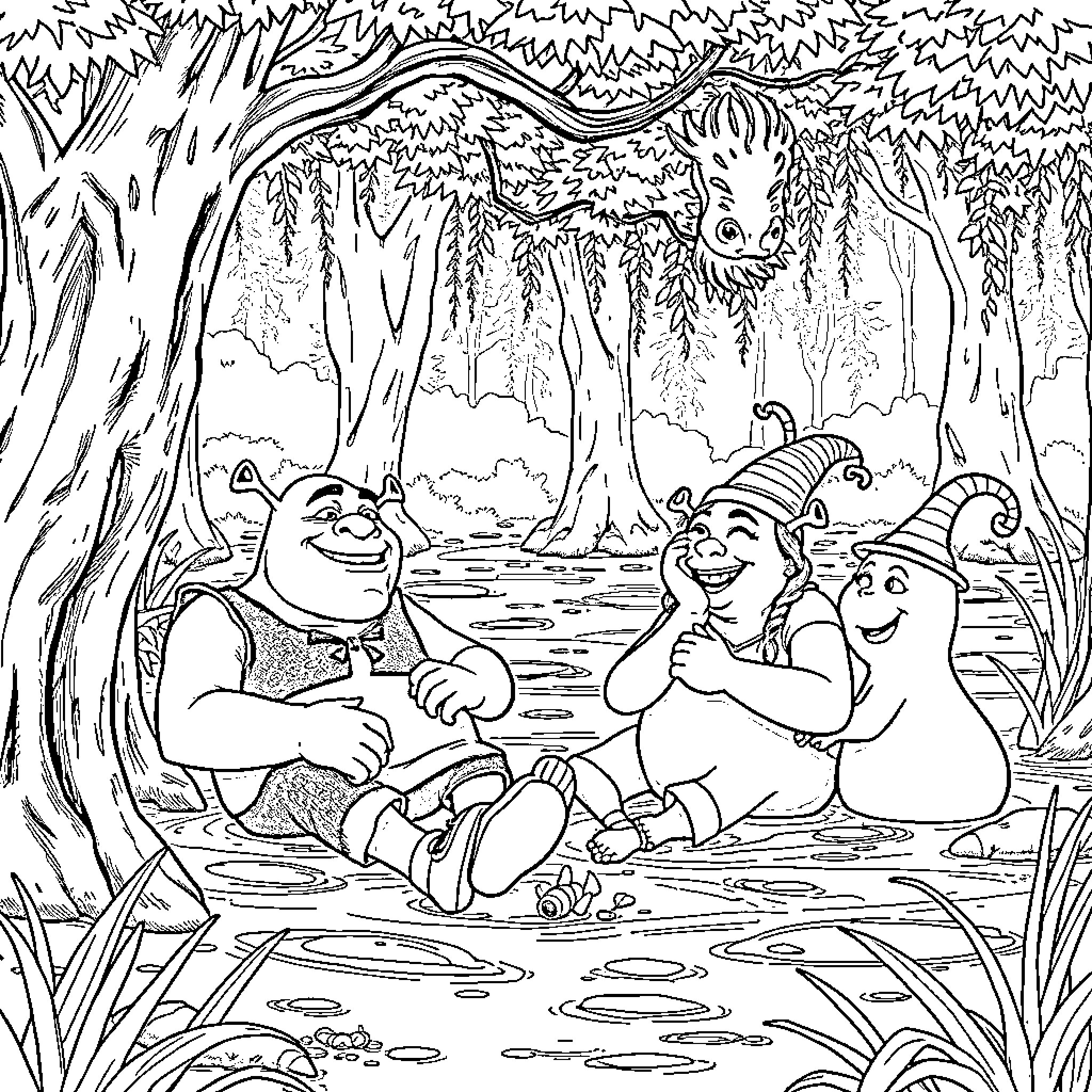 Shrek and friends enjoying a picnic in the forest Coloring Page (free black-and-white line drawing printable PDF for all, from beginners to advanced learners, including children, teens, adults, and seniors)